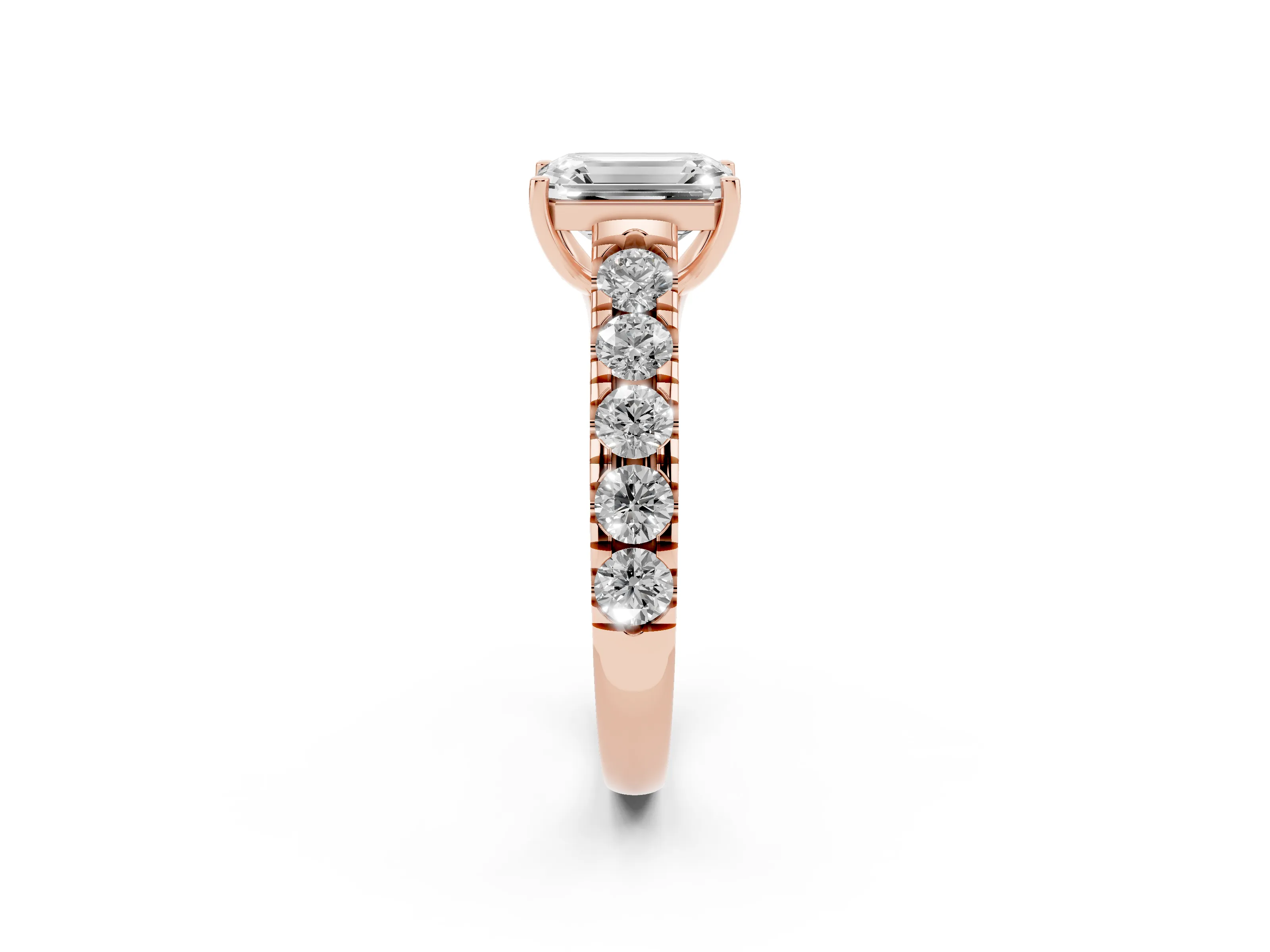 Emerald Cut Diamond Solitaire Ring Set in Rose gold with Cut-Down Micro Pavé Band and Prong Setting