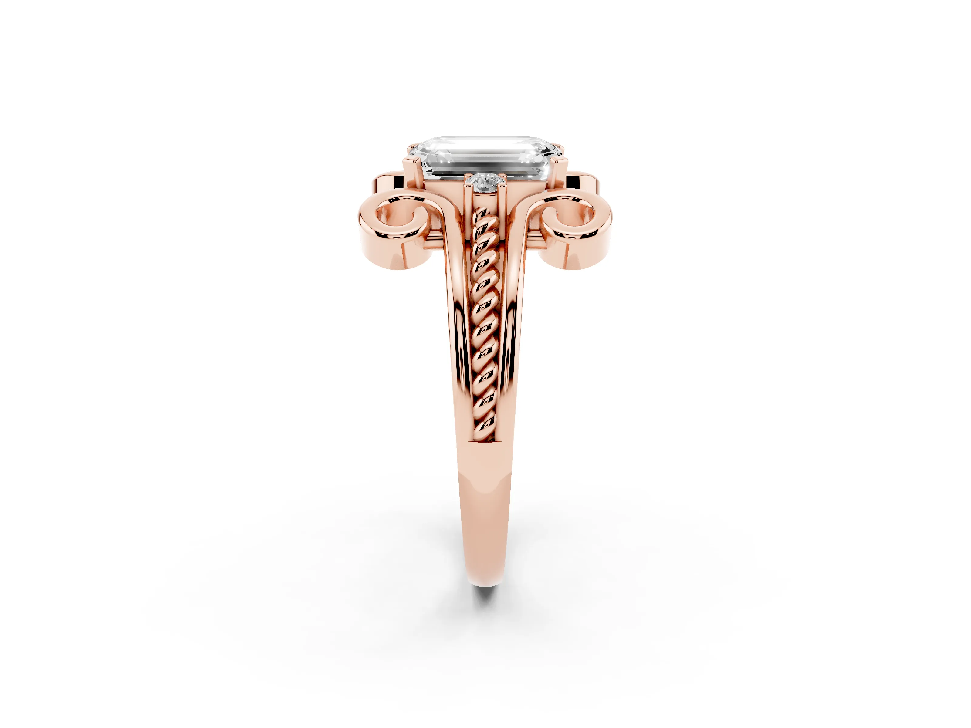 Emerald Cut Diamond Twisted Band Solitaire Ring Set in Rose gold with Scroll Prongs