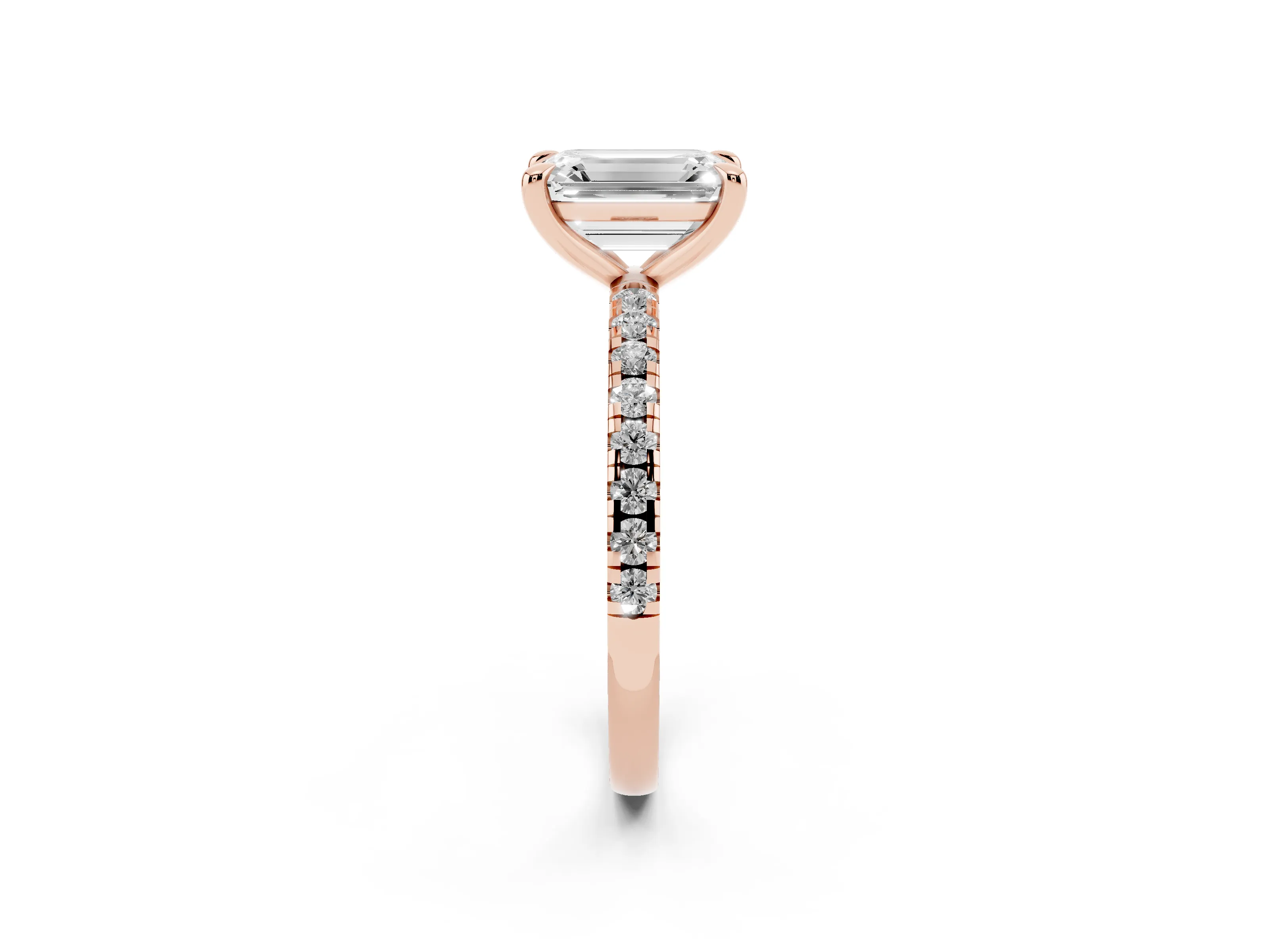 Emerald Cut Diamond Brilliant Solitaire Ring Set in Rose gold with Pavé Band and Prong Setting