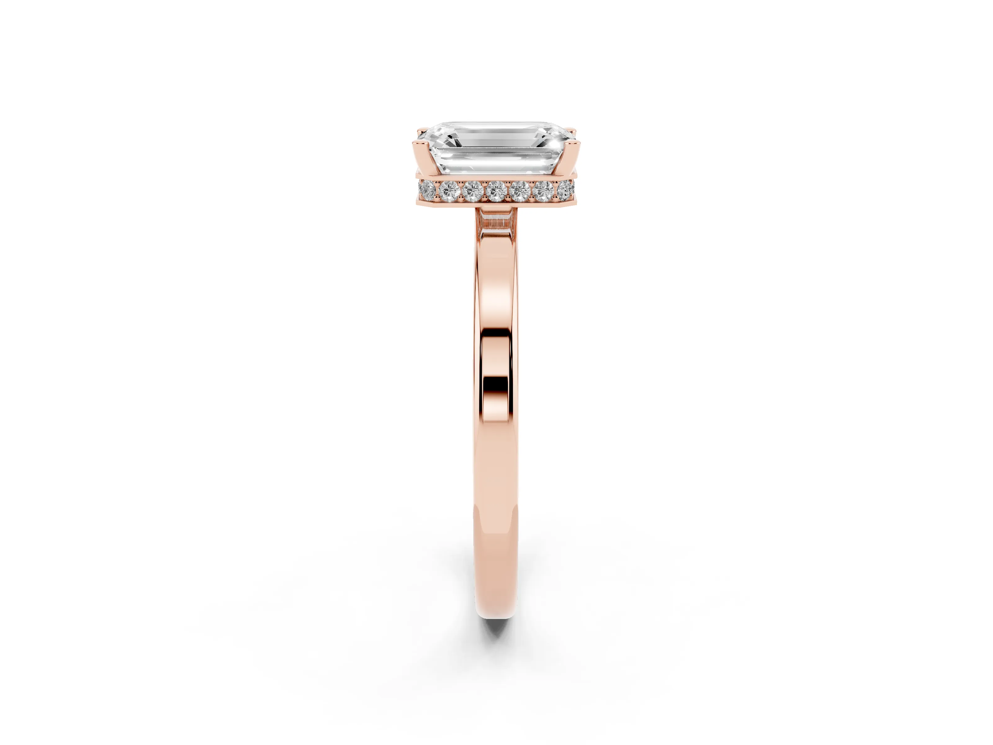 Emerald Cut Diamond Solitaire Engagement Ring Set in Rose gold with Prong Setting on a Plain Band