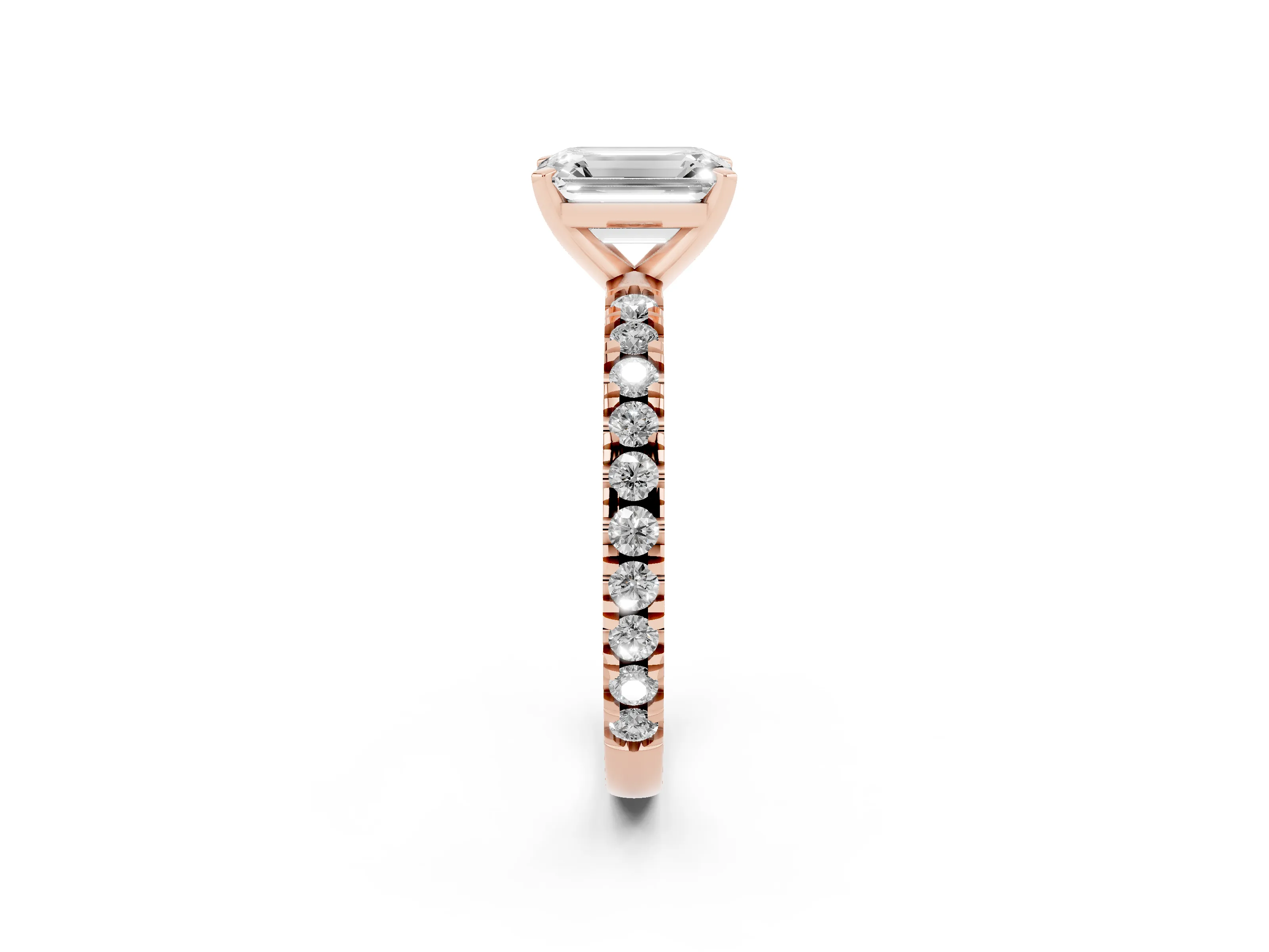 Emerald Cut Diamond Pavé Band Solitaire Set in Rose gold with Prong Setting