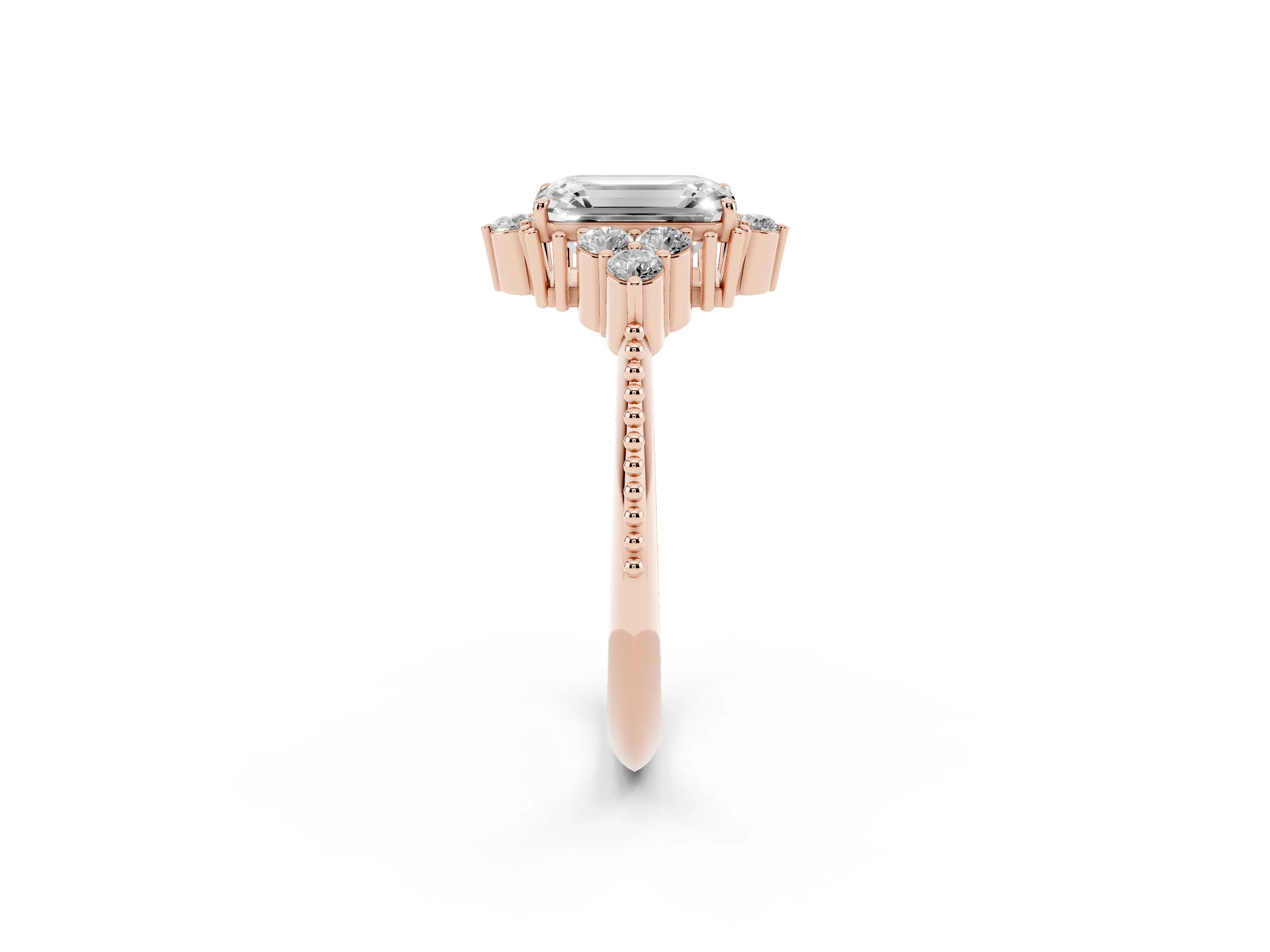 Emerald Cut Diamond Cluster Ring Set in Rose gold with Beaded Band