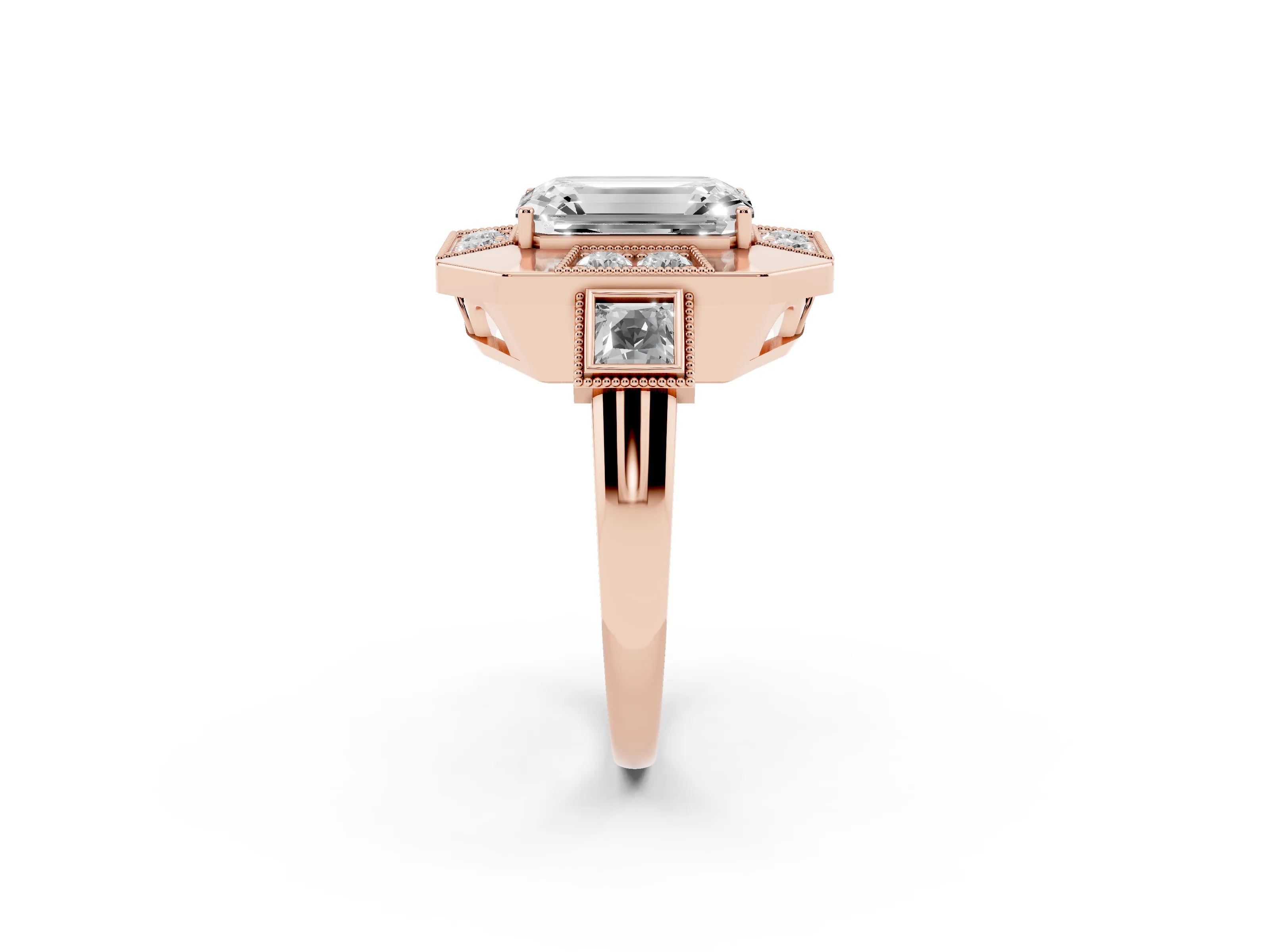 Emerald Cut Diamond Milgrain Halo Ring Set in Rose gold with Split Shank