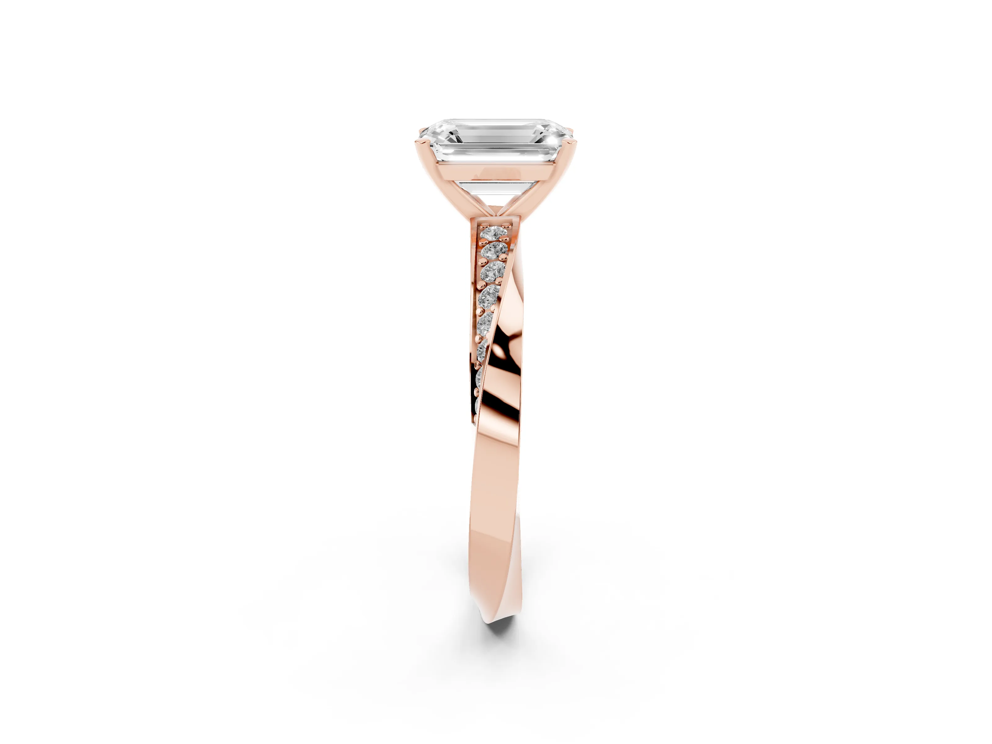 Emerald Cut Diamond Engagement Ring Set in Rose gold with Side Stone Accents and Prong Setting