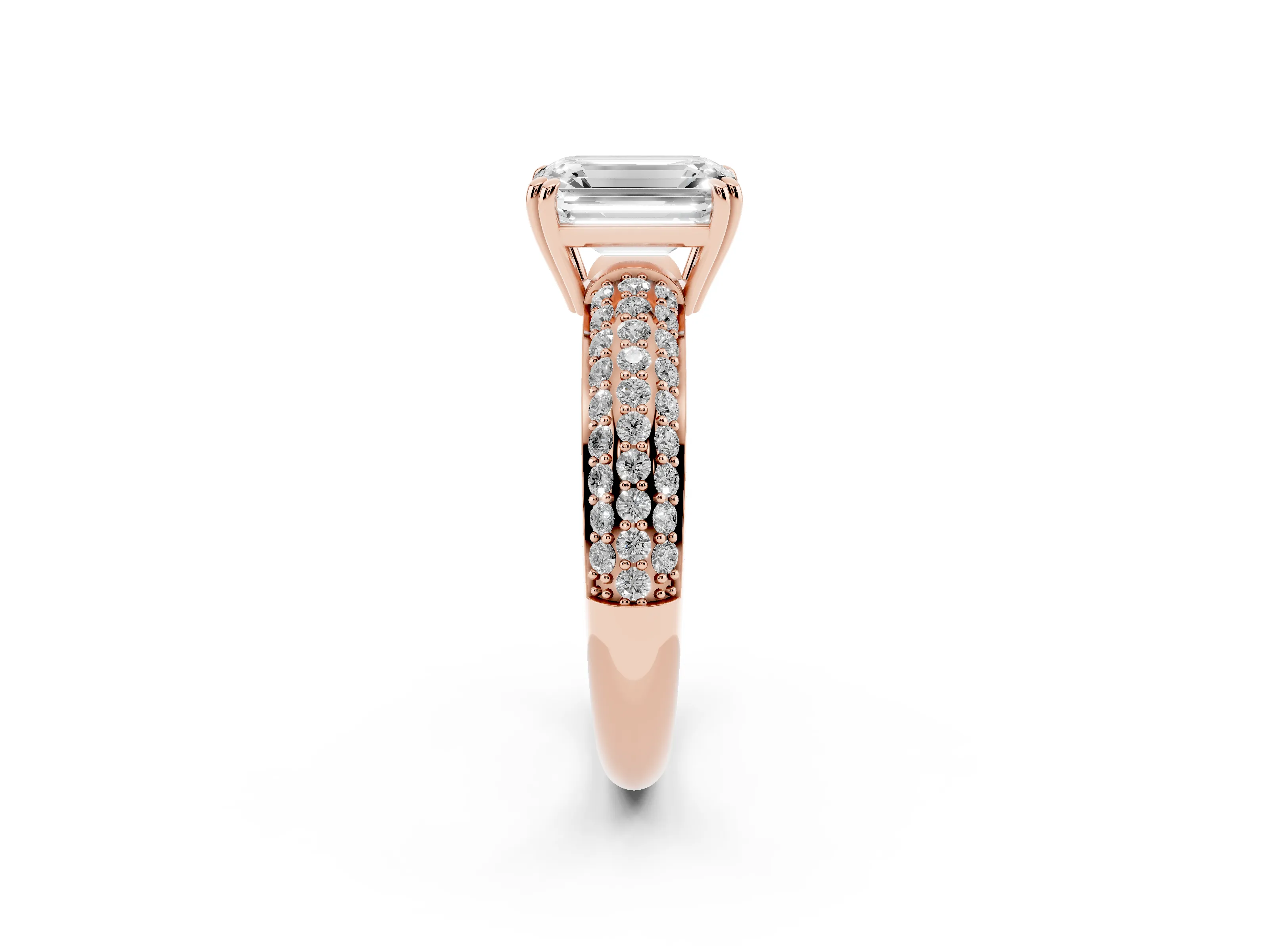 Emerald Cut Diamond Solitaire Ring Set in Rose gold with Multi-Row Round Pavé Band and Prong Setting