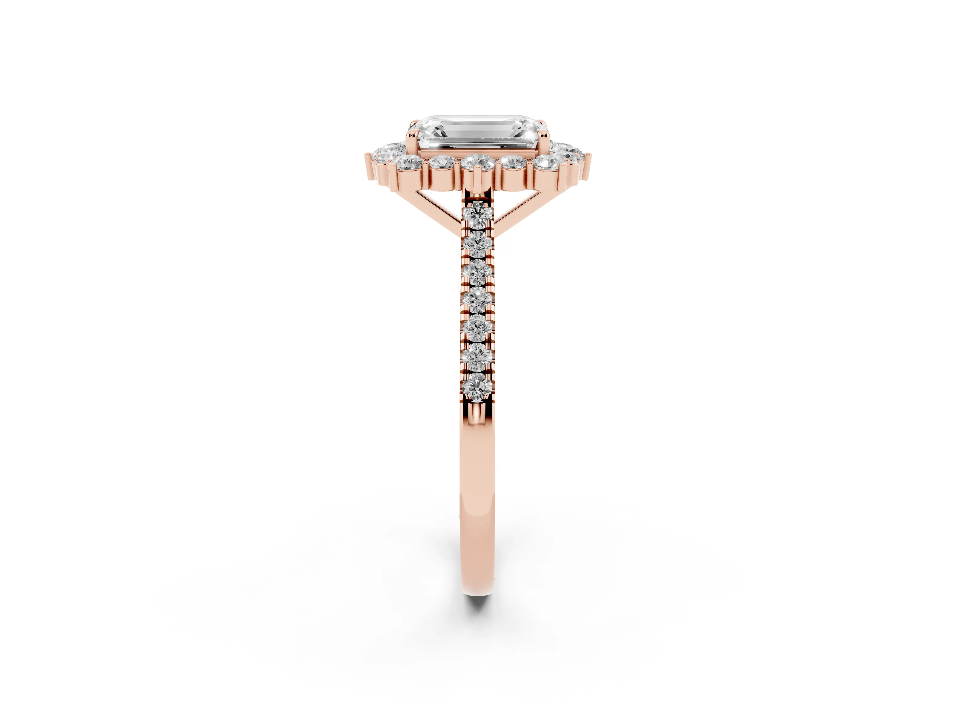 Emerald Cut Diamond Halo Ring Set in Rose gold with Pavé Band and Prong Setting