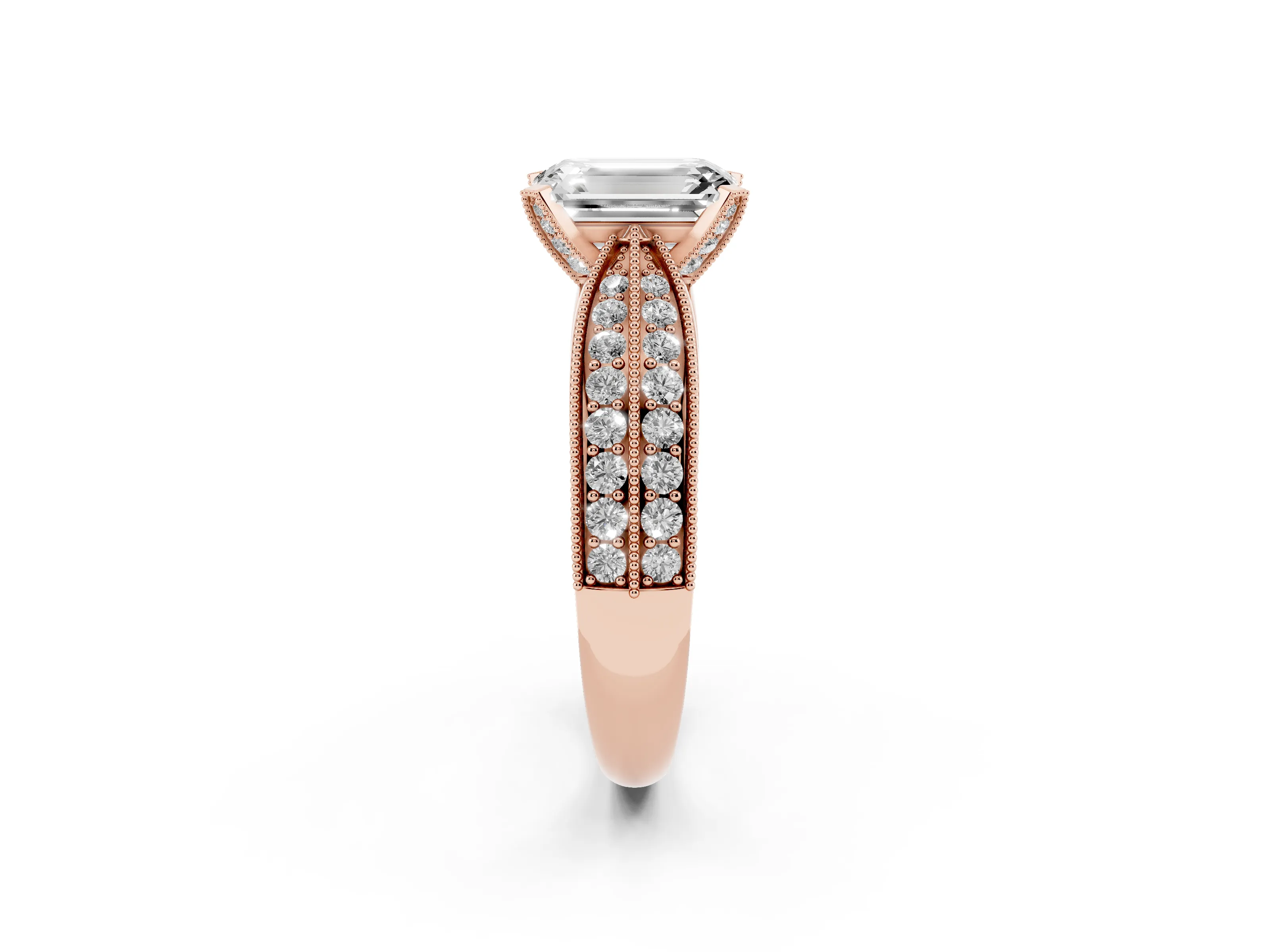 Emerald Cut Diamond Solitaire Ring Set in Rose gold with Milgrain Double Row Round Pavé Band
