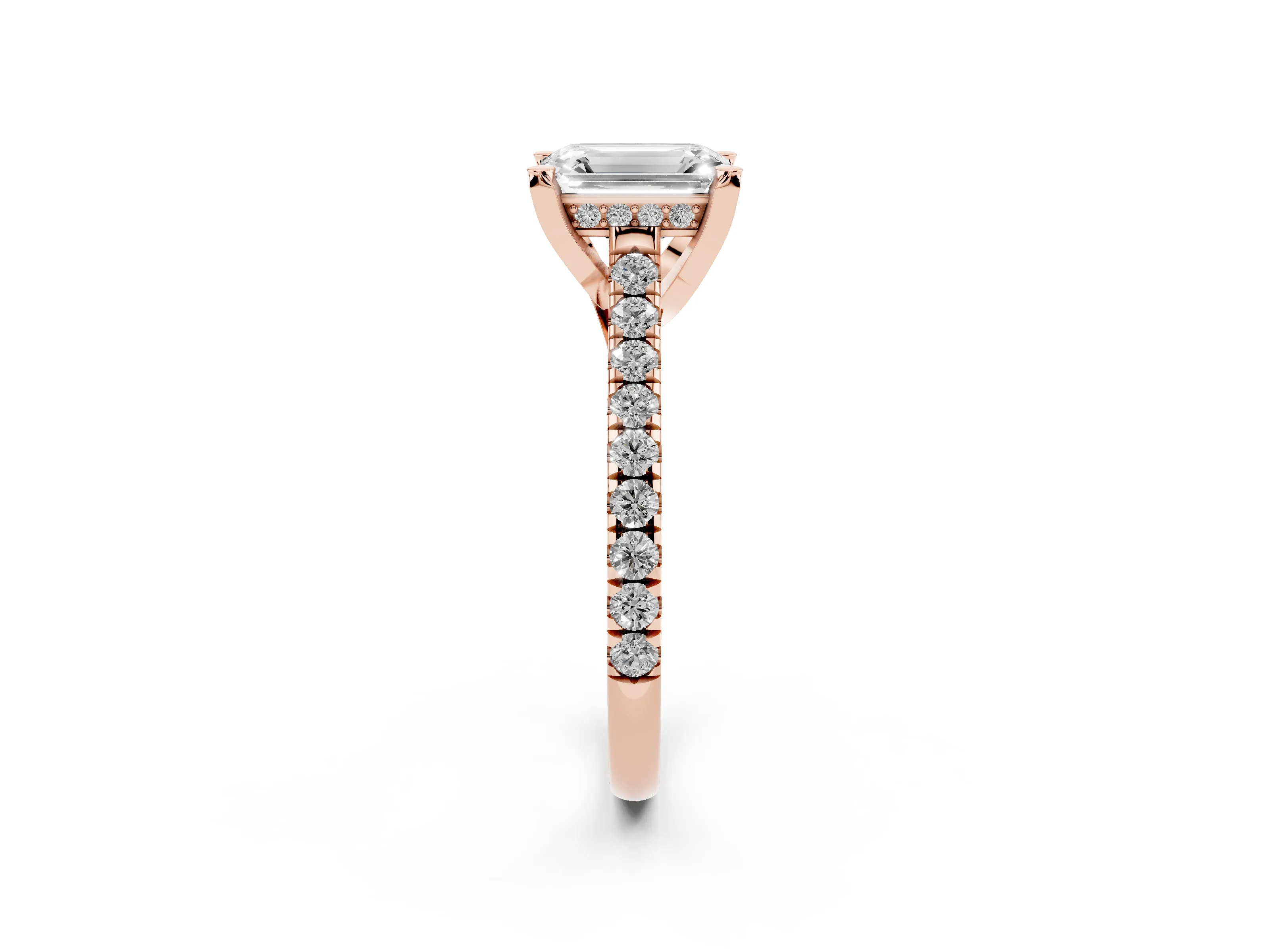 Emerald Cut Diamond Solitaire Ring Set in Rose gold with Brilliant Pavé Band and Prong Setting