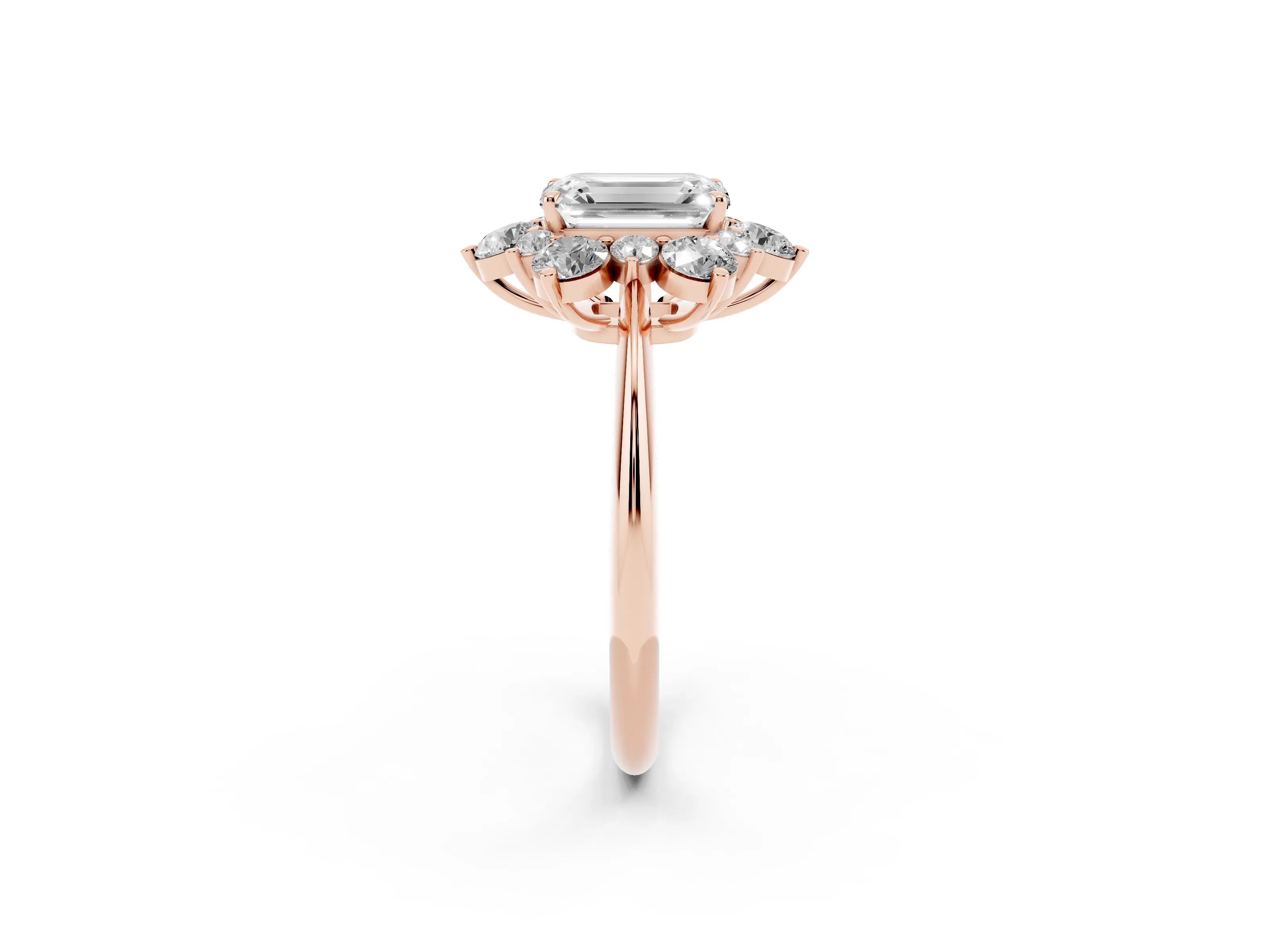 Emerald Cut Diamond Cluster Halo Ring Set in Rose gold with Solitaire Band and Prong Setting