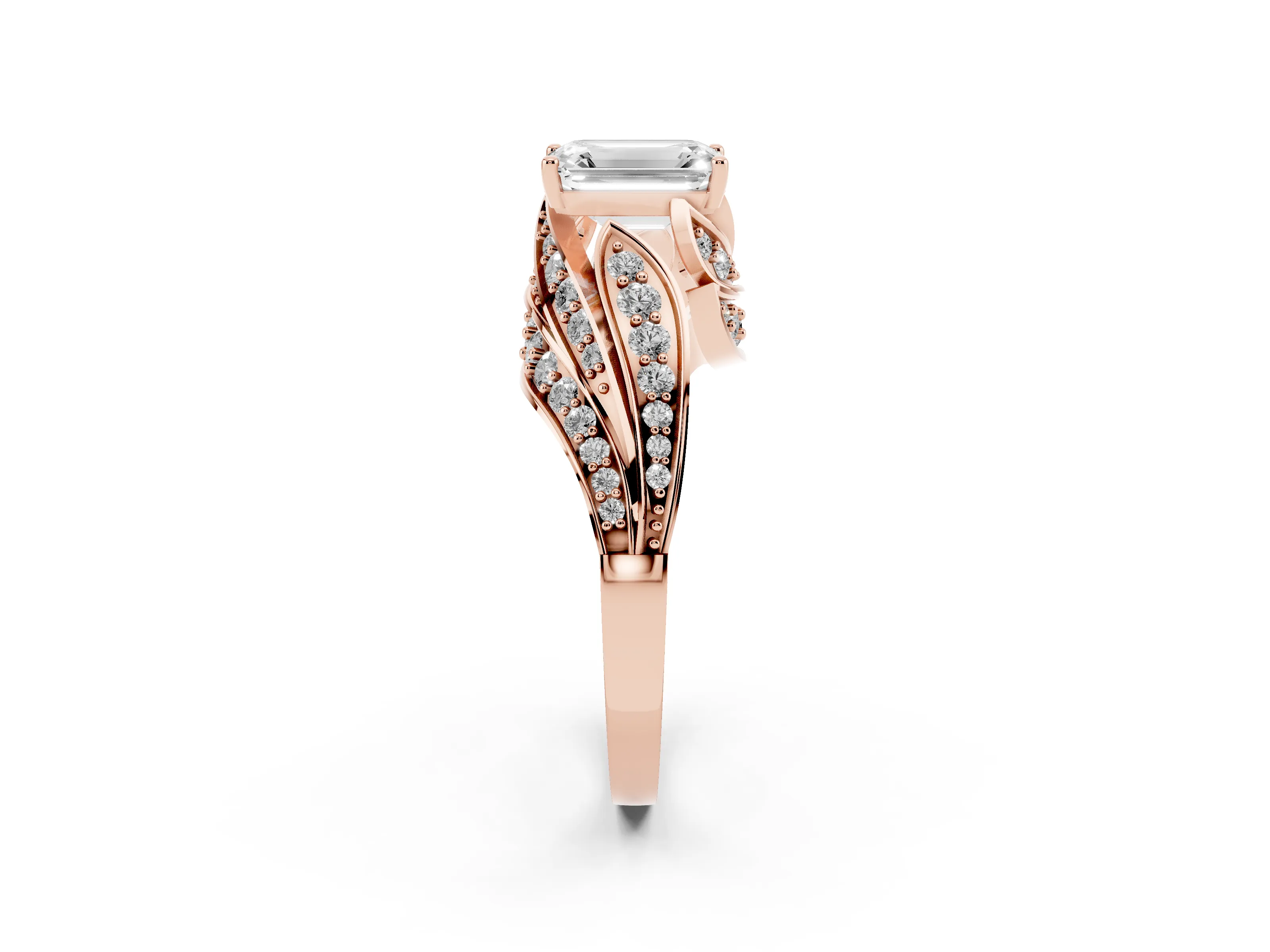 Emerald Cut Diamond Solitaire Ring Set in Rose gold with Layered Twist Pavé Band