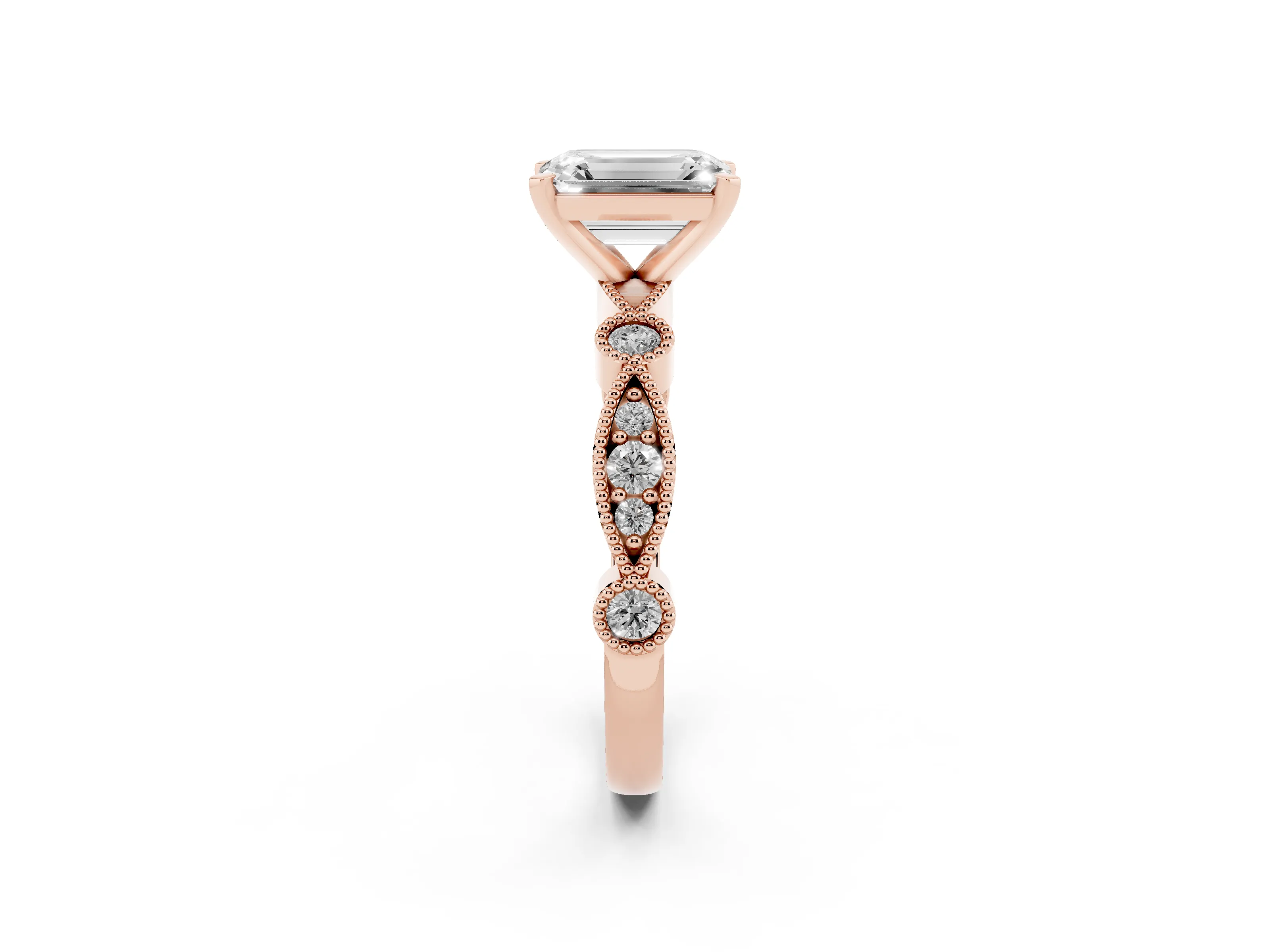 Emerald Cut Diamond Solitaire Engagement Ring Set in Rose gold with Milgrain Bezel Accent Band