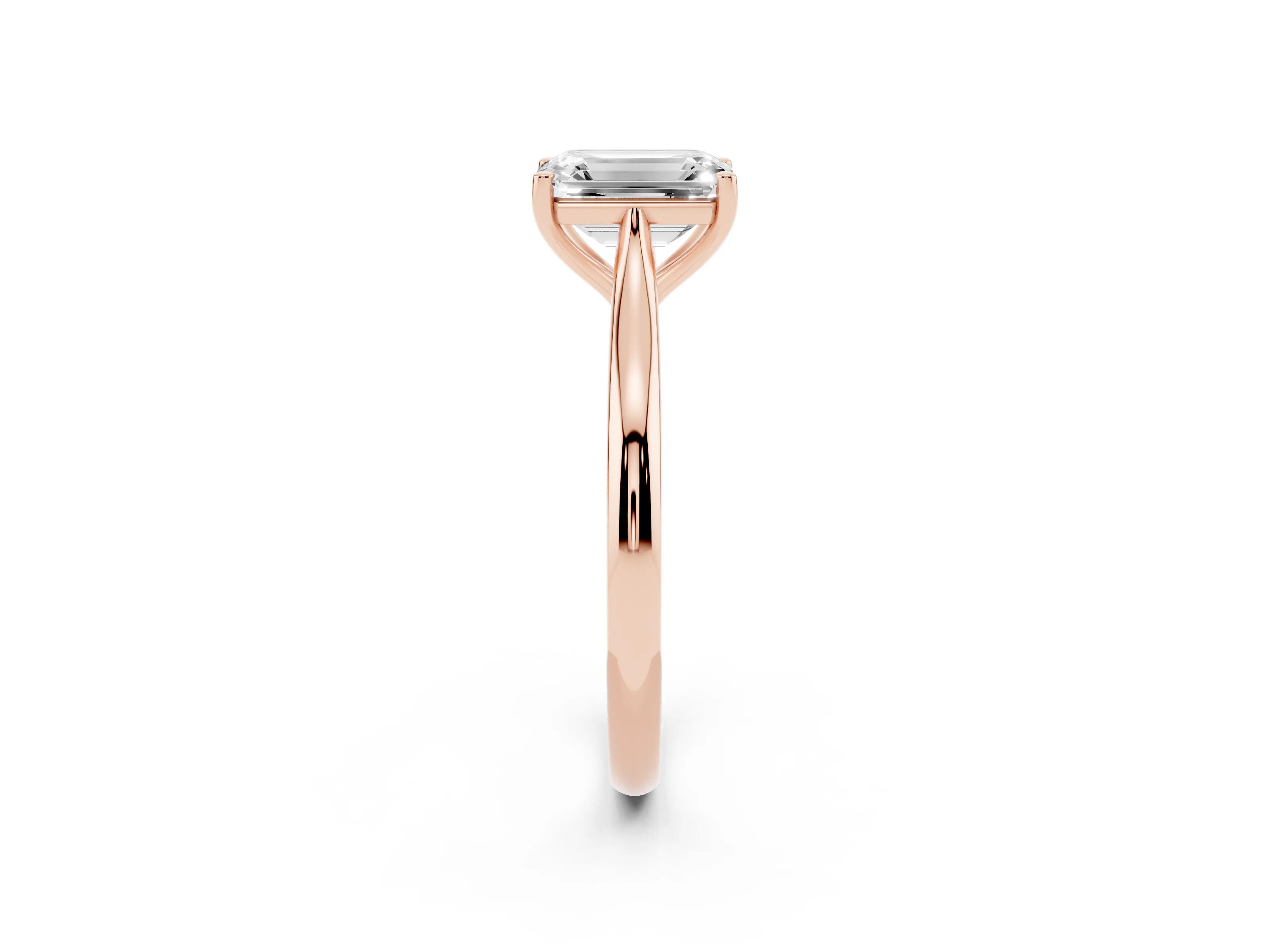 Emerald Cut Diamond Solitaire Ring Set in Rose gold with Cathedral Band and Prong Setting