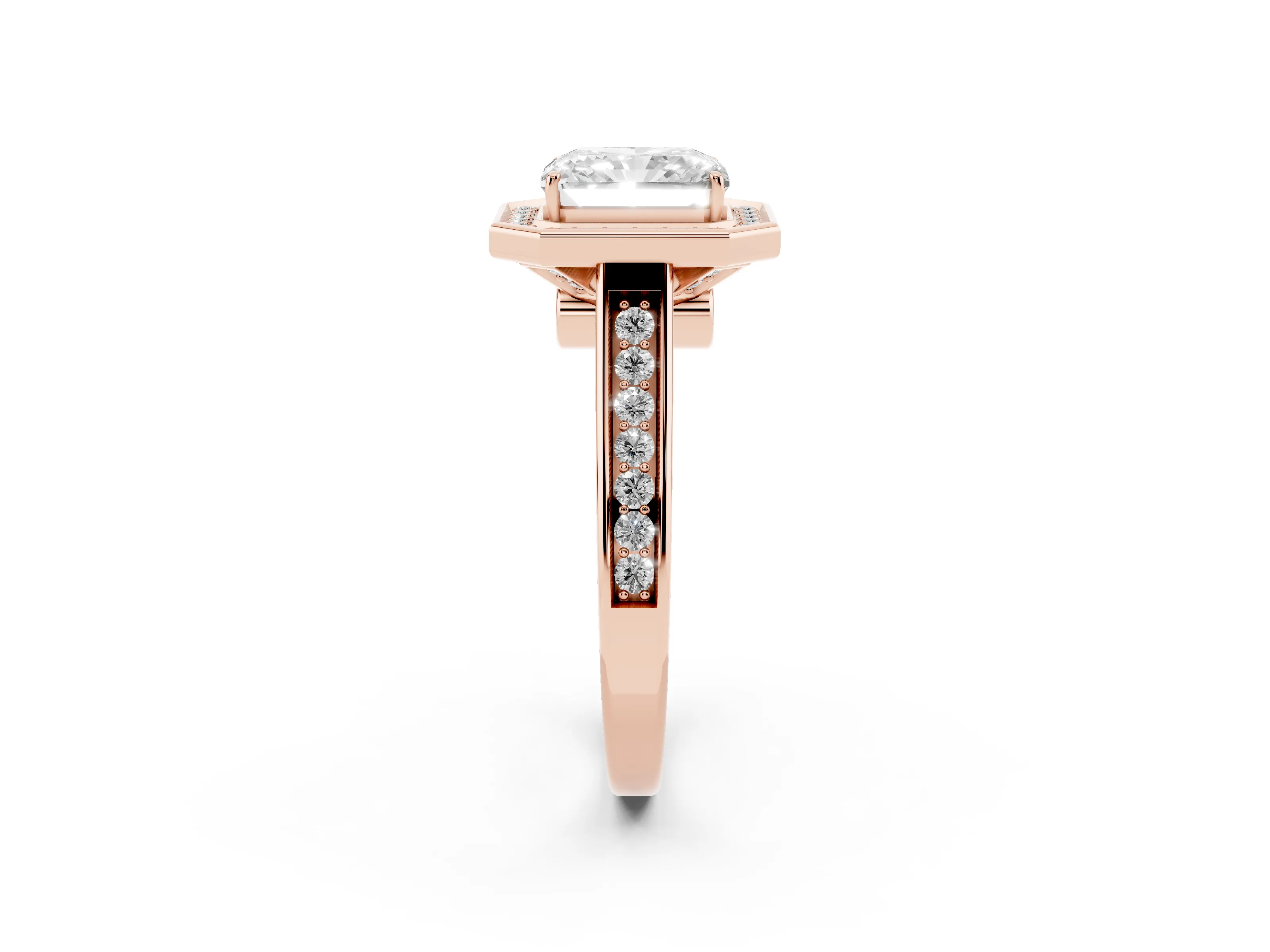 Emerald Cut Diamond Halo Solitaire Ring Set in Rose gold with Pavé Band and Bezel Setting
