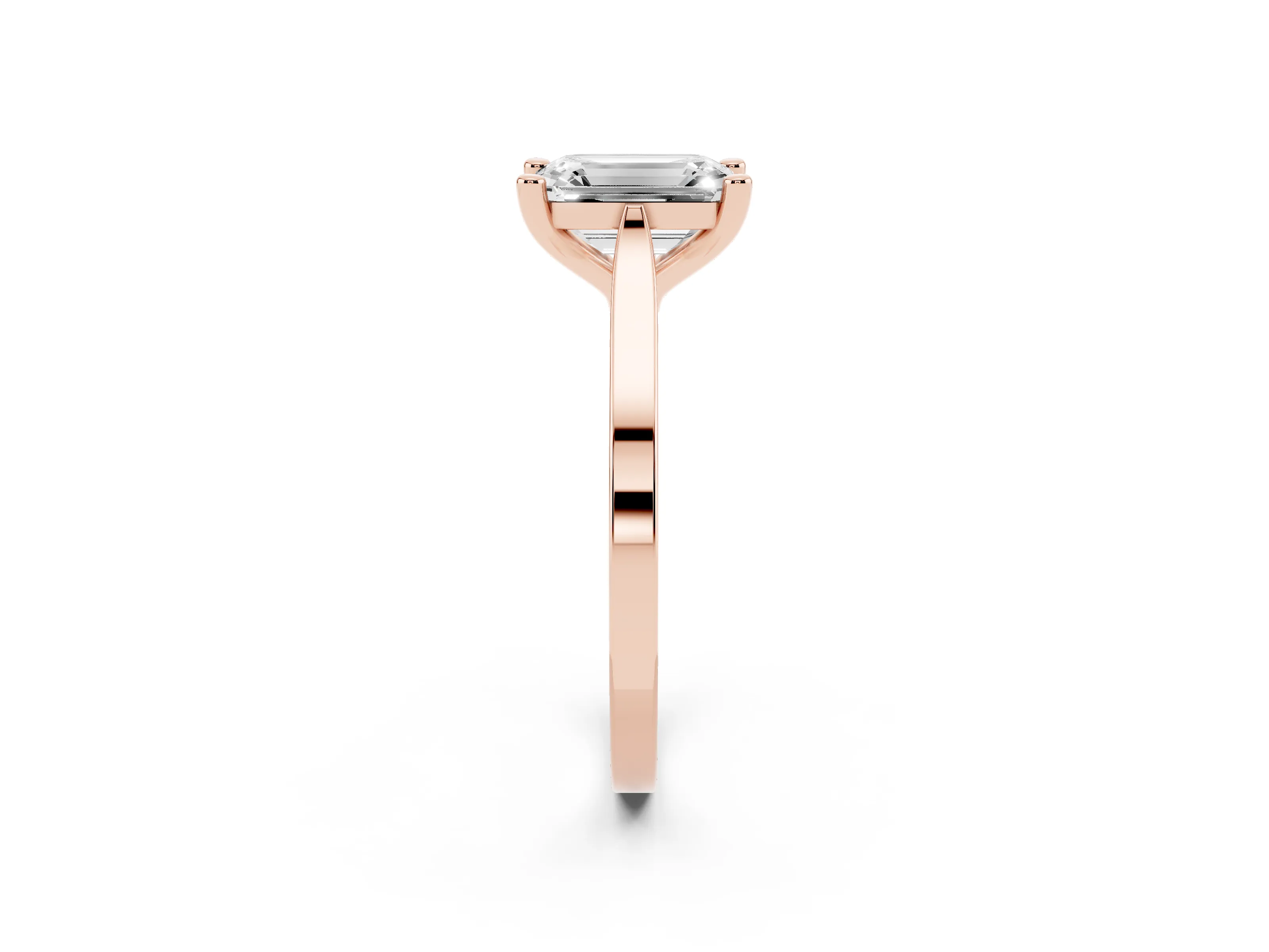 Emerald Cut Diamond Solitaire Ring Set in Rose gold with Prong Setting and Tapered Band