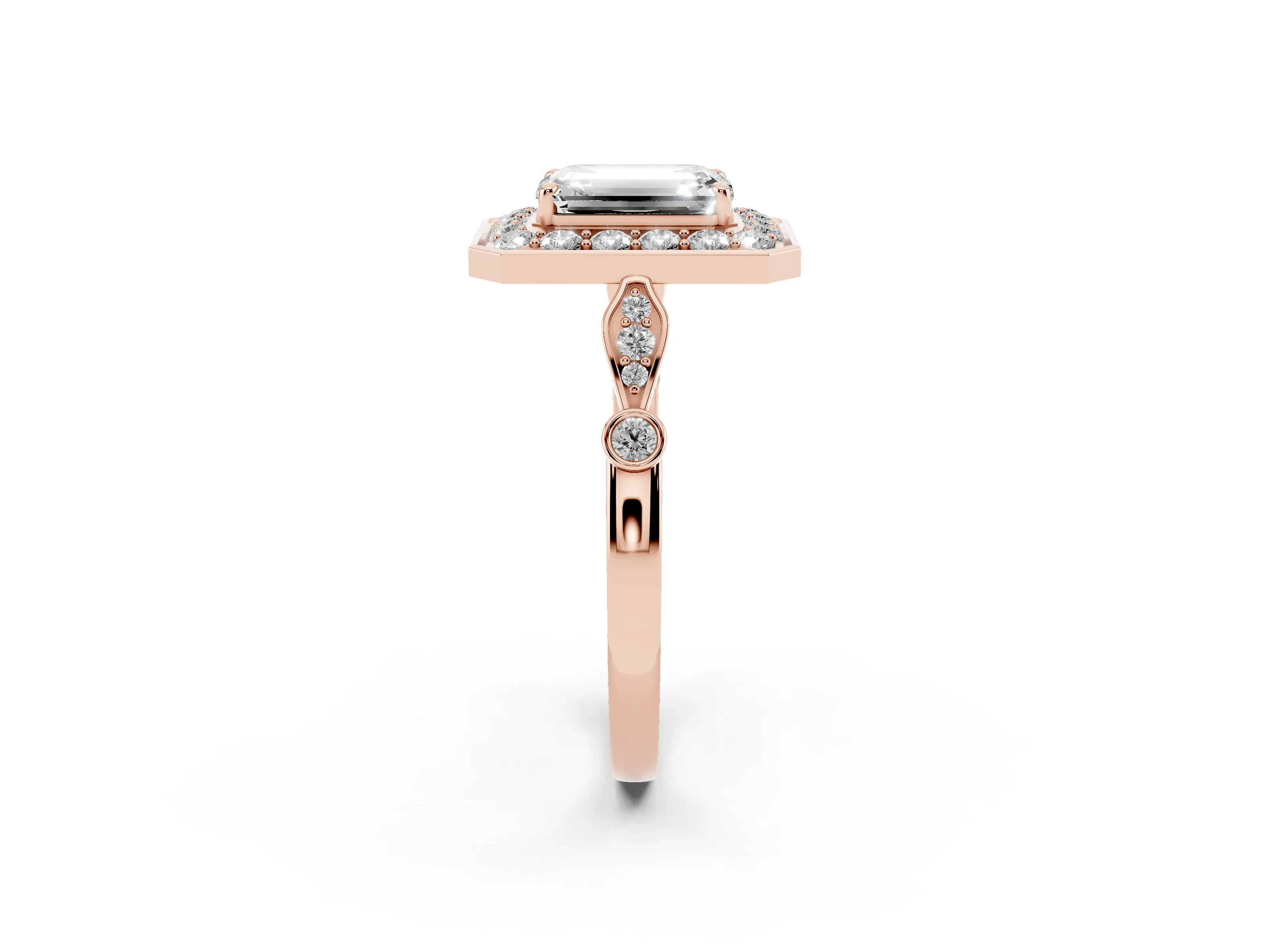 Emerald Cut Diamond Halo Engagement Ring Set in Rose gold with Twisted Band and Prong Setting
