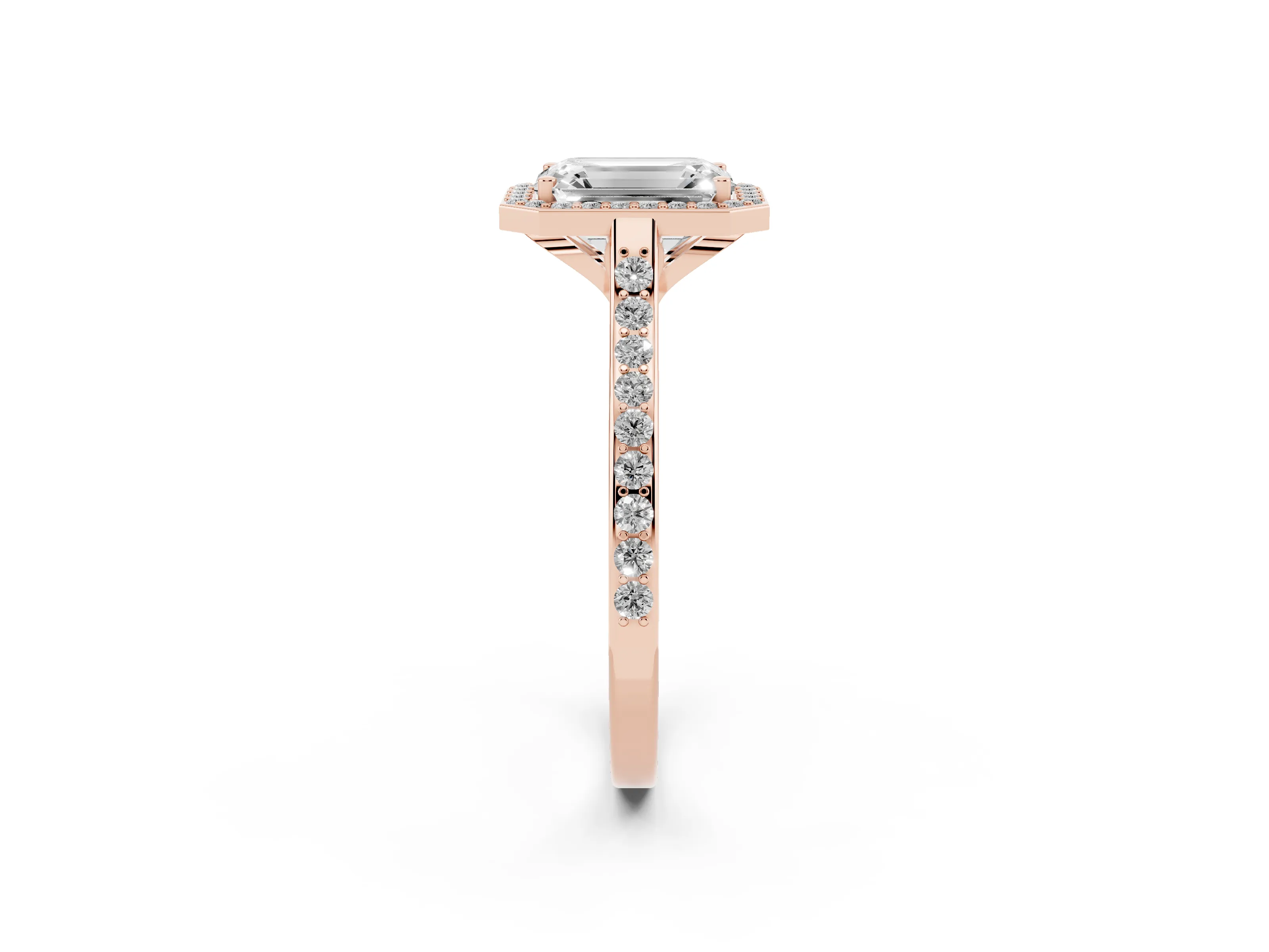 Emerald Cut Diamond Halo Engagement Ring Set in Rose gold with Round Pavé Shoulders and Heart Gallery