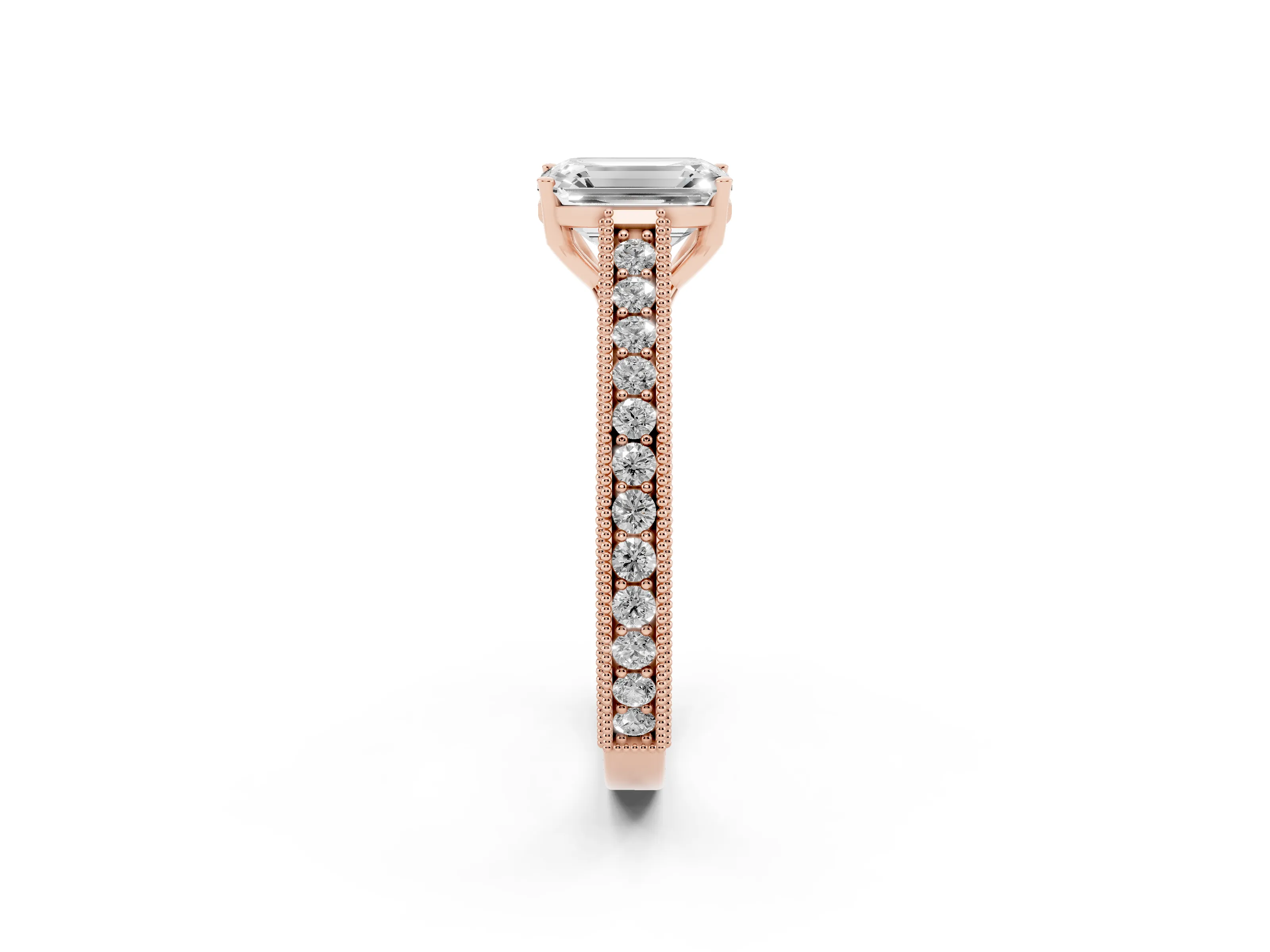 Emerald Cut Diamond Milgrain Pavé Band Solitaire Ring Set in Rose gold with Prong Setting