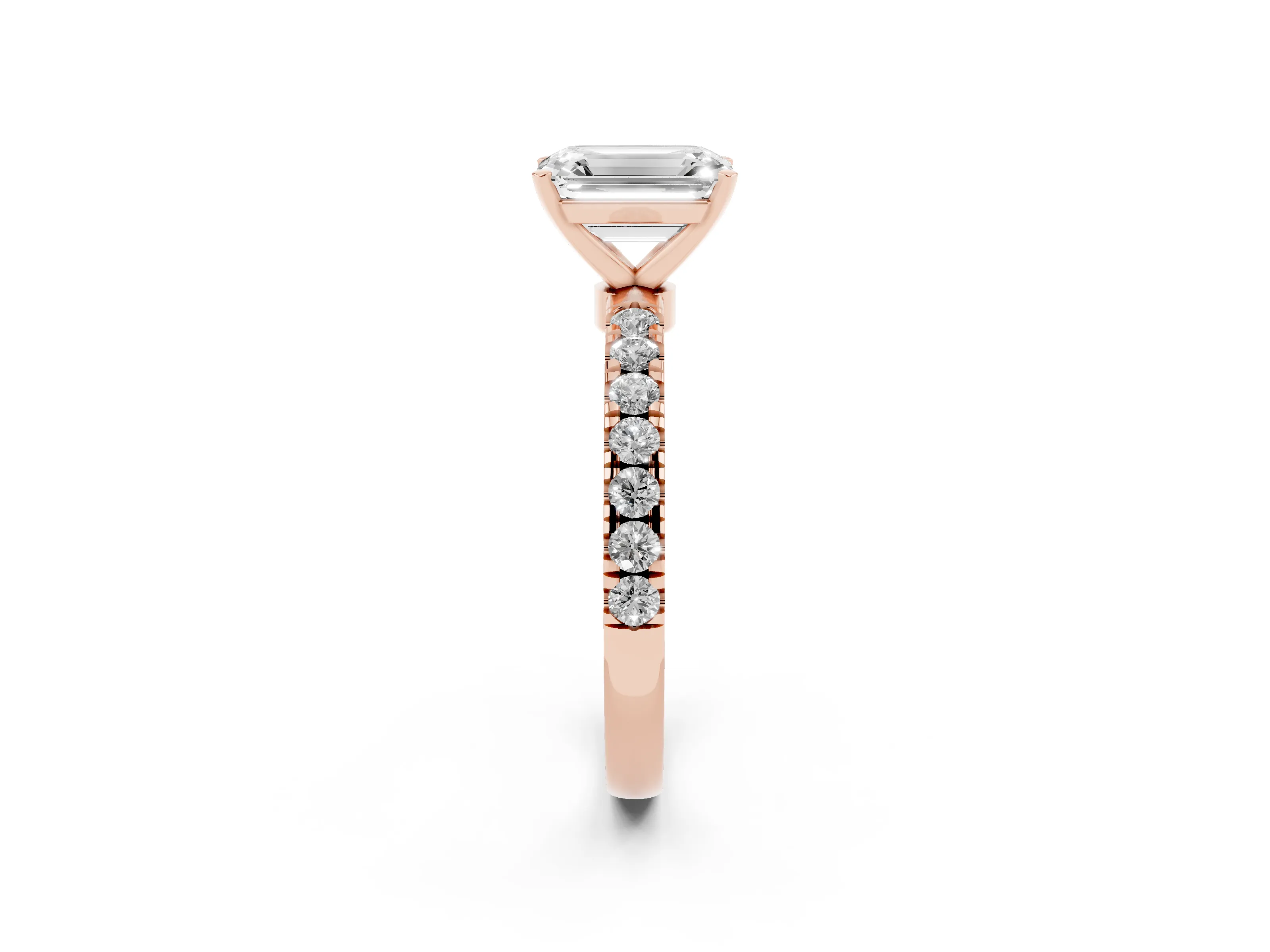 Emerald Cut Diamond Solitaire Ring Set in Rose gold with Pavé Accents and Prong Setting