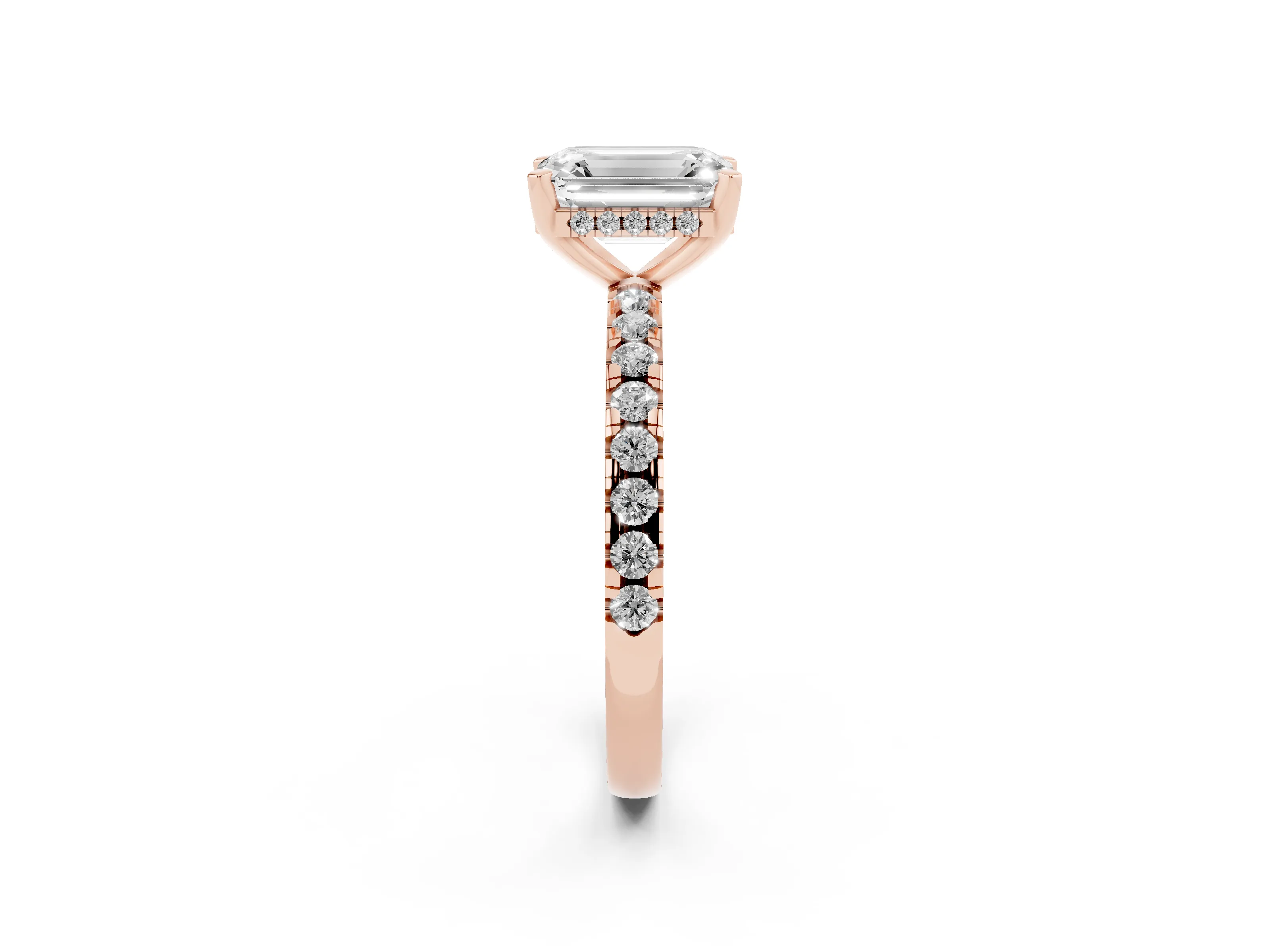 Emerald Cut Diamond Pavé Solitaire Ring Set in Rose gold with Round Band Accents and Prong Setting