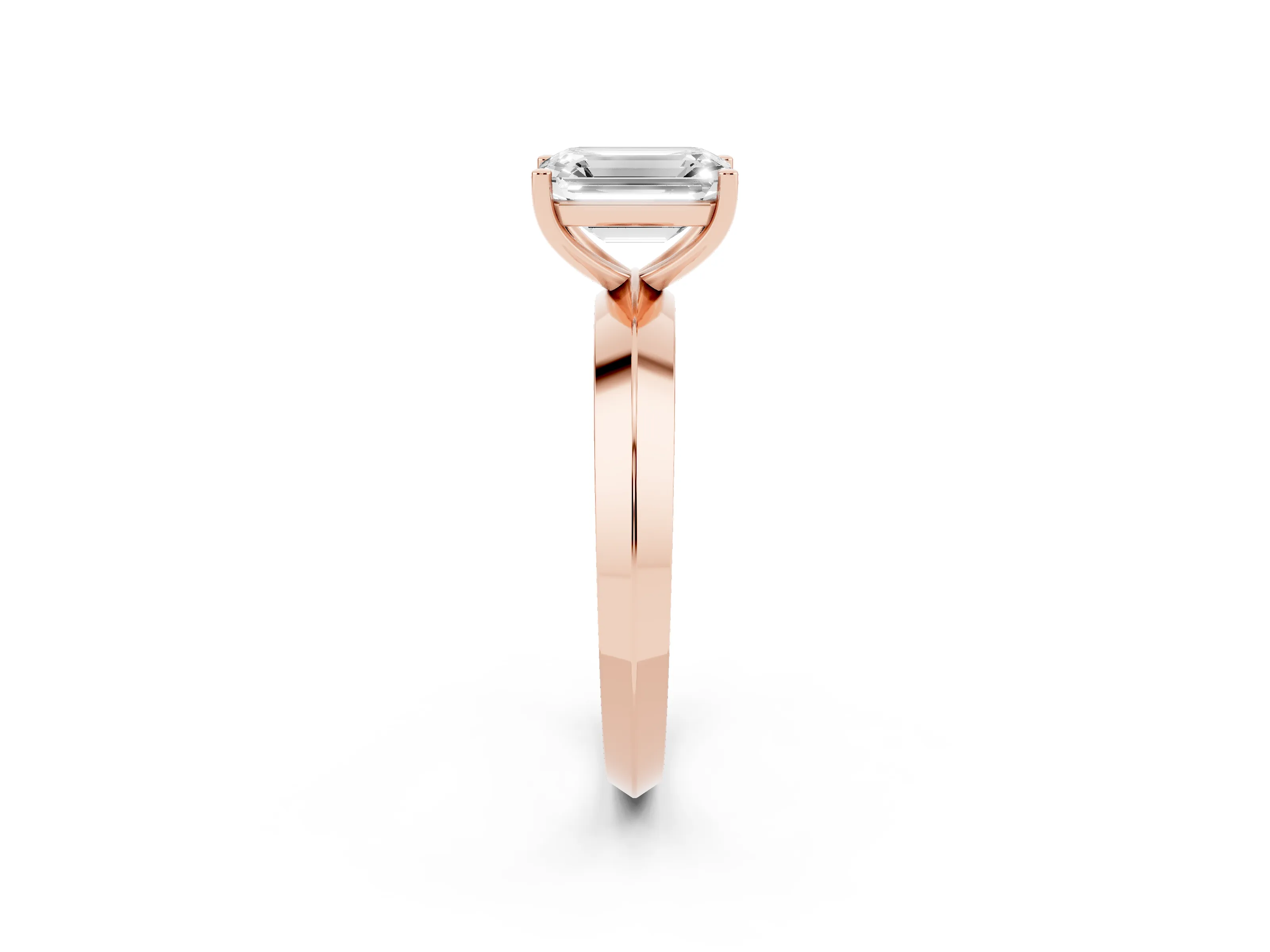 Emerald Cut Diamond Solitaire Engagement Ring Set in Rose gold with Flat Band and Prong Setting