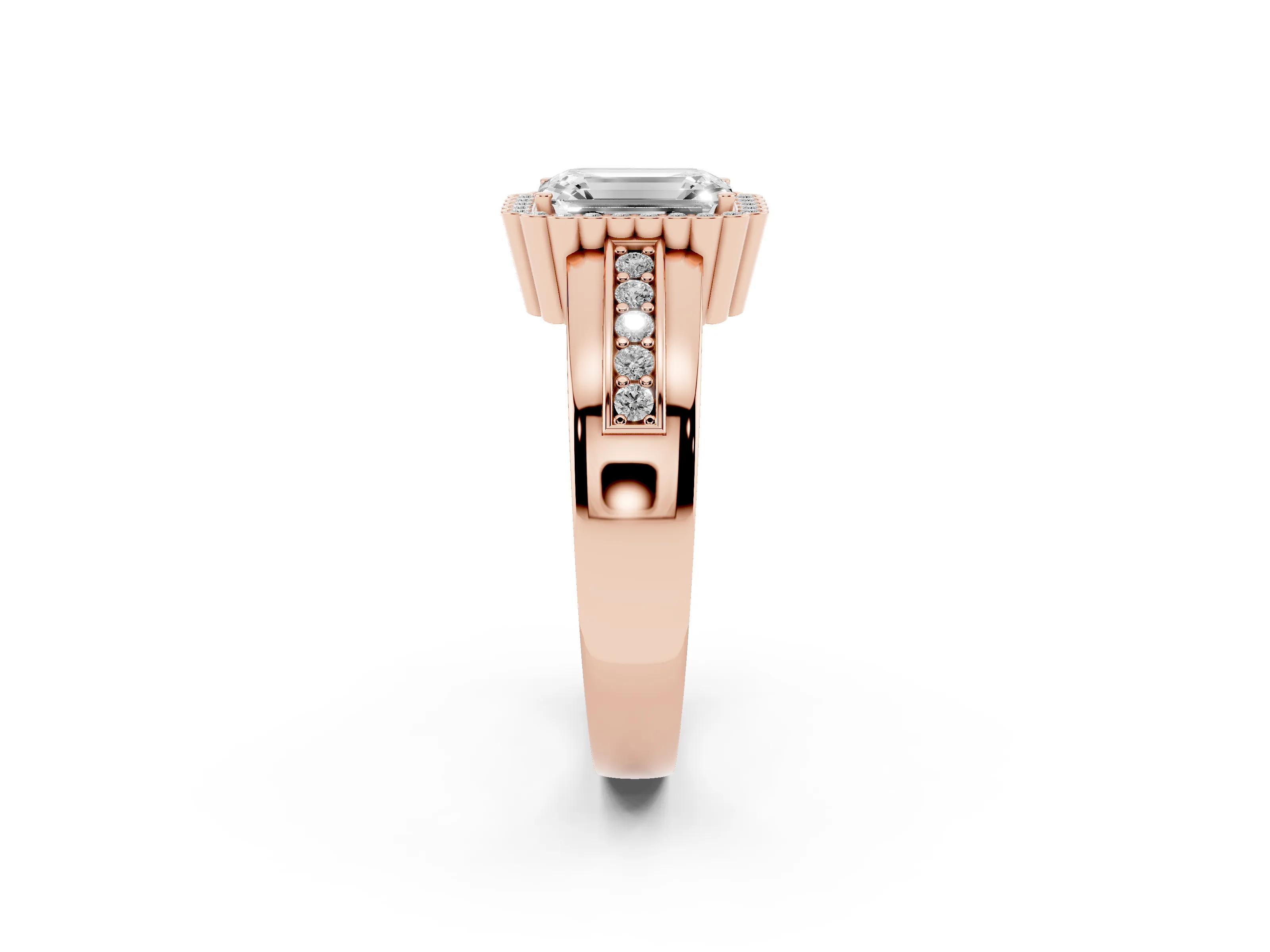 Emerald Cut Diamond Halo Prong Ring Set in Rose gold with Pavé Band