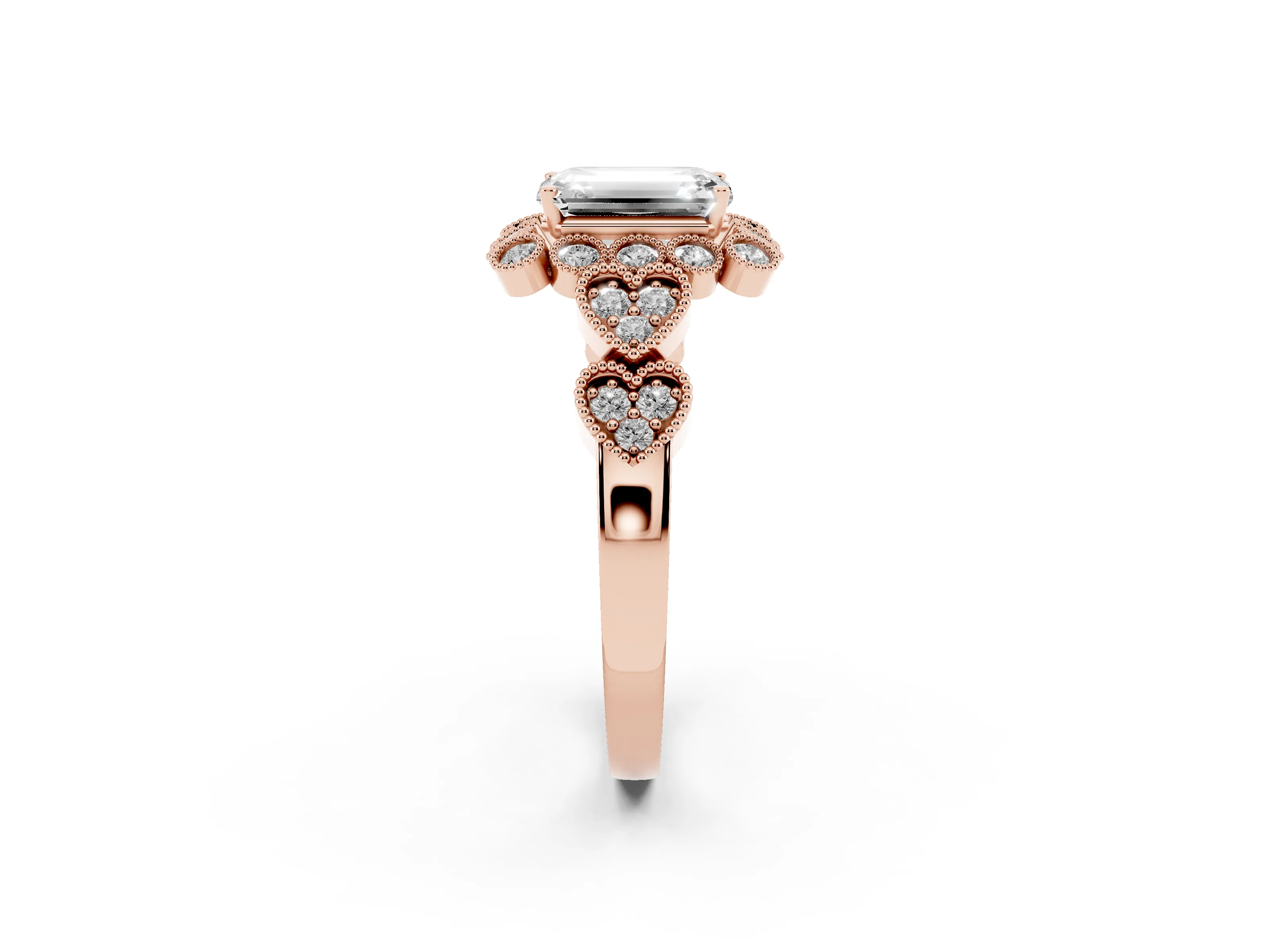 Emerald Cut Diamond Solitaire Ring Set in Rose gold with Milgrain Pavé Heart Band