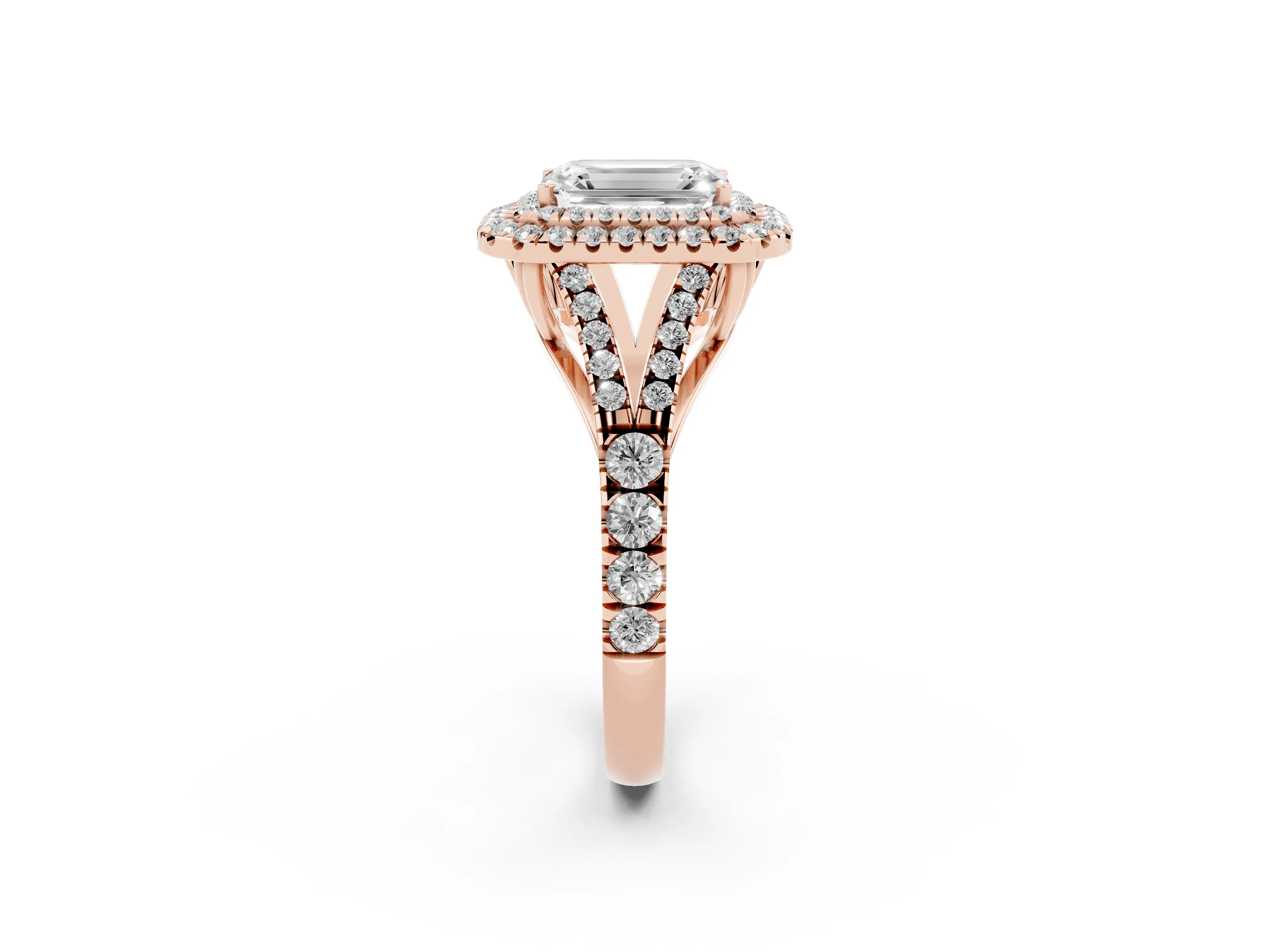 Emerald Cut Diamond Pavé Split Shank Double Halo Engagement Ring Set in Rose gold