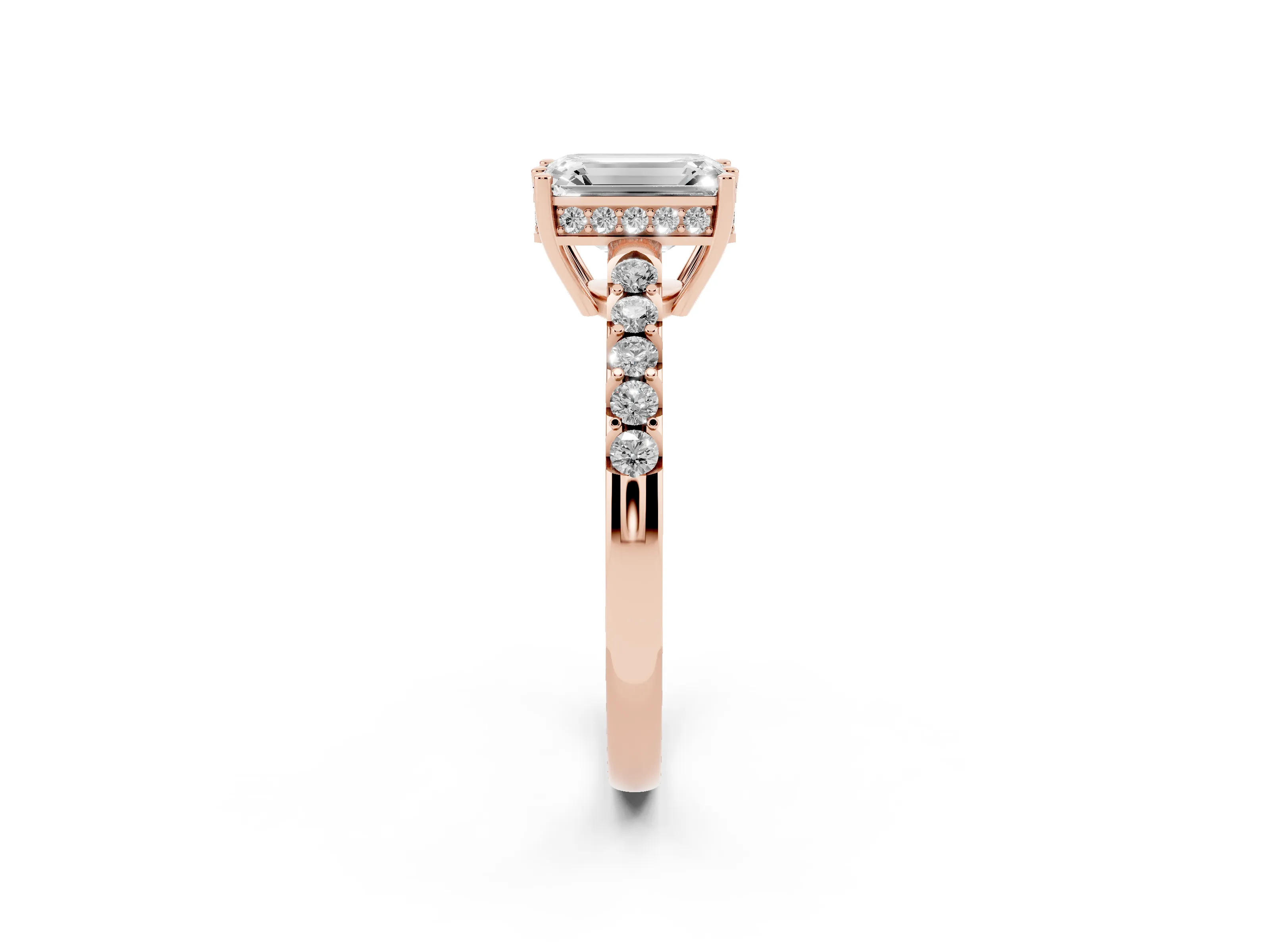 Emerald Cut Diamond Solitaire Engagement Ring Set in Rose gold with Pavé Band and Prong Setting