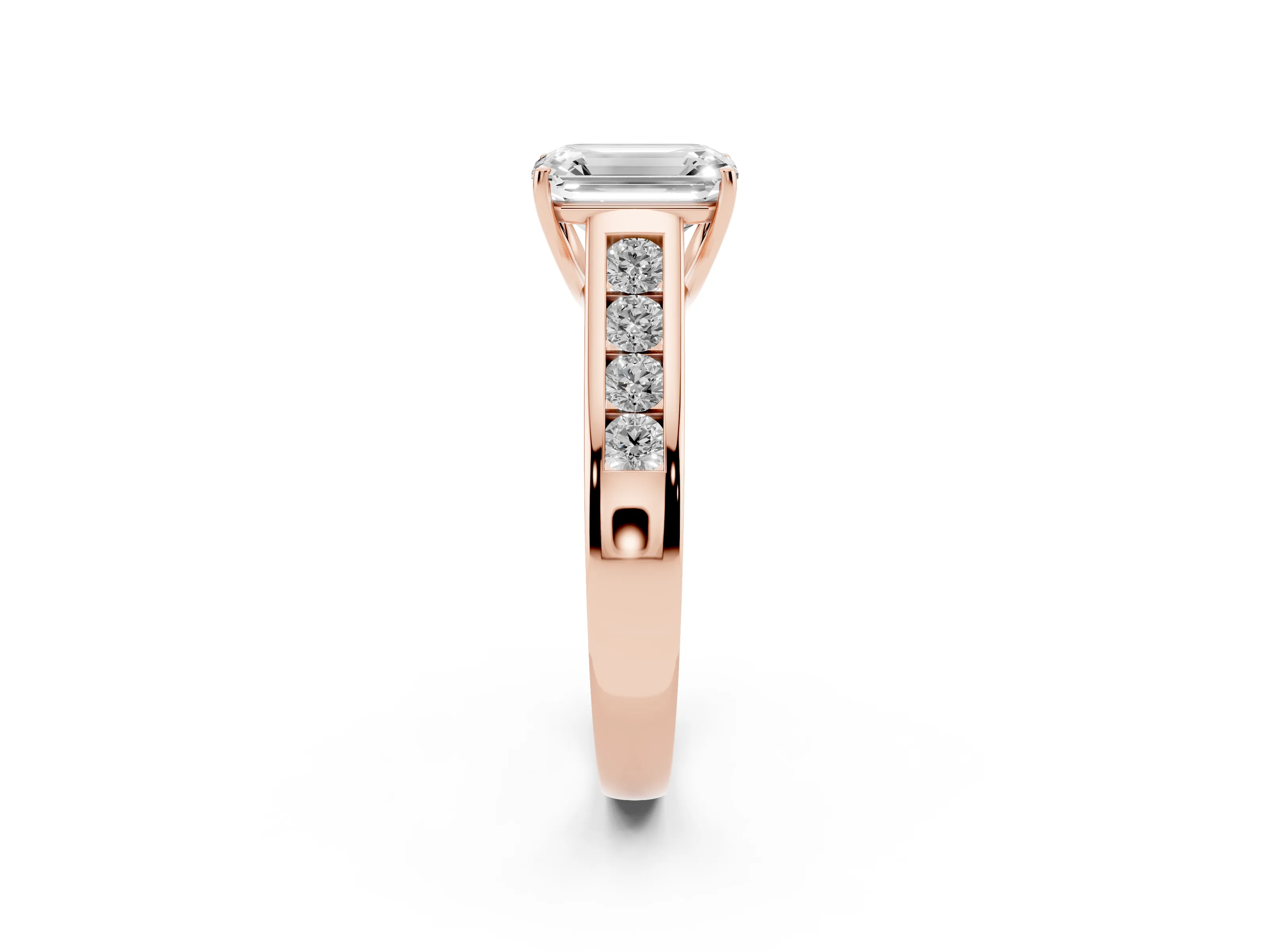 Emerald Cut Diamond Solitaire Channel-Set Engagement Ring Set in Rose gold with Prong Setting