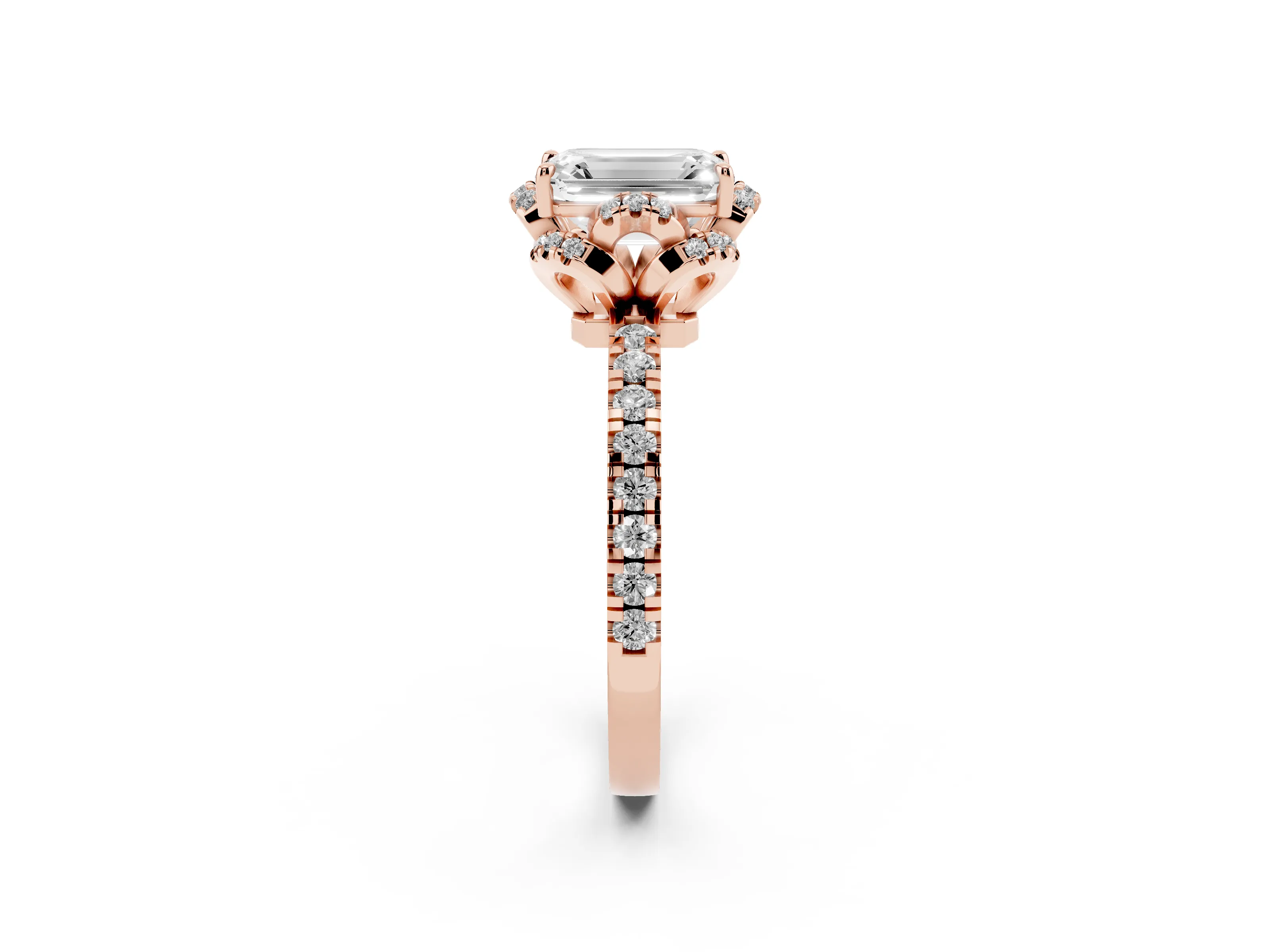 Emerald Cut Diamond Halo Pavé Band Ring Set in Rose gold with Prong-Held Center