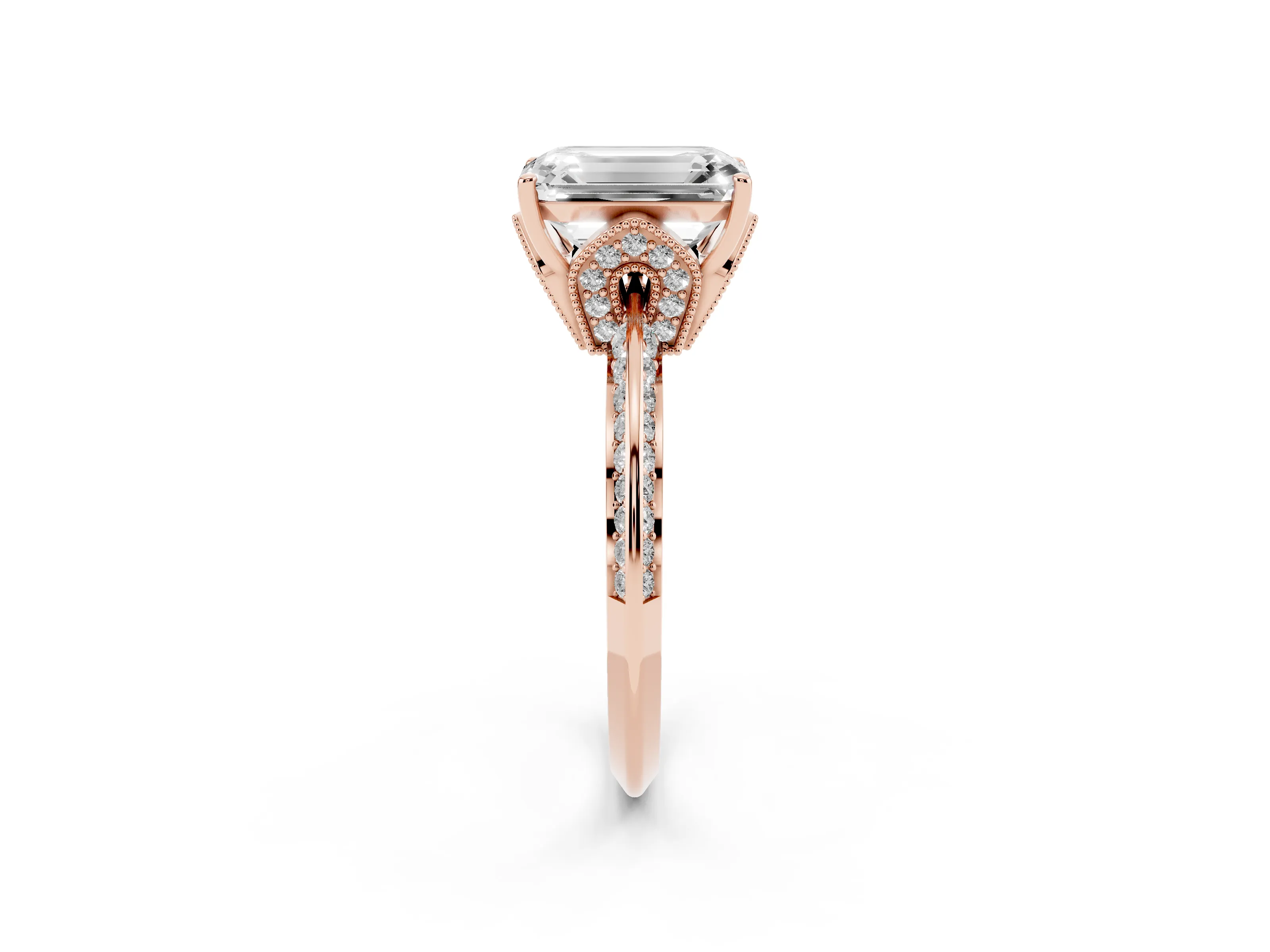 Emerald Cut Diamond Solitaire Engagement Ring Set in Rose gold with Pavé Split Shank and Prong Setting