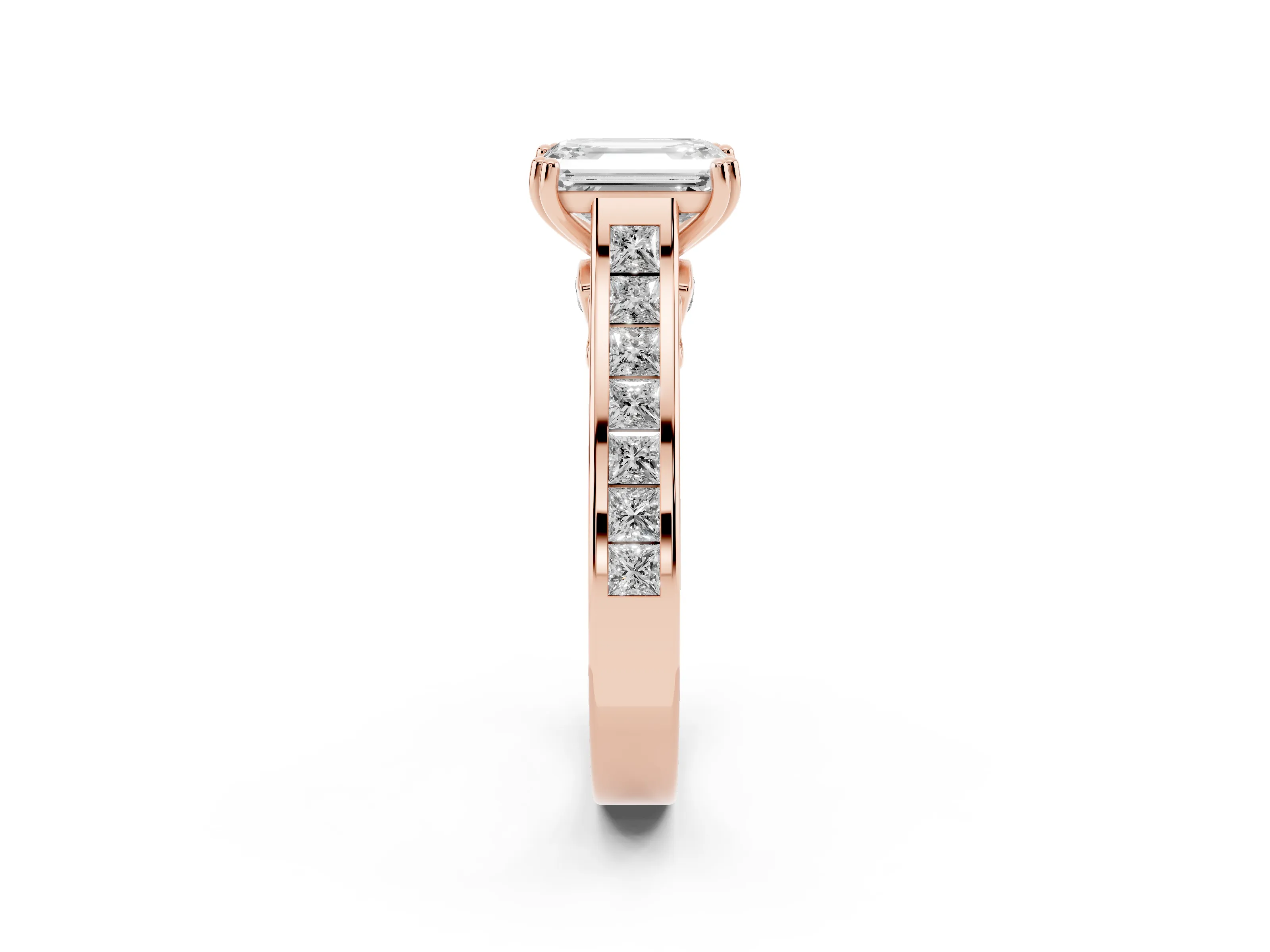 Emerald Cut Diamond Channel Set Solitaire Engagement Ring Set in Rose gold with Prong Setting