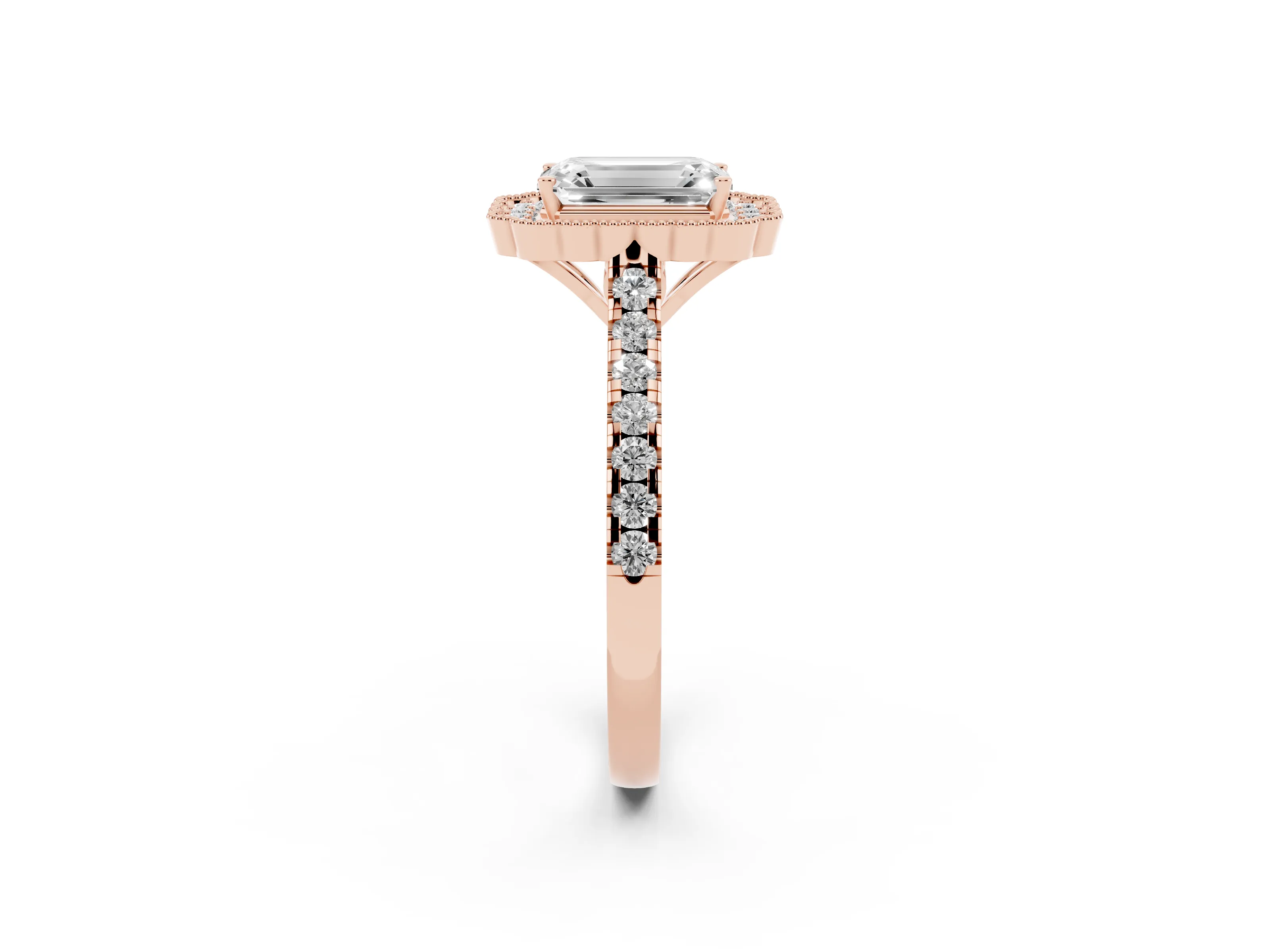 Emerald Cut Diamond Milgrain Floral Halo Engagement Ring Set in Rose gold with Pavé Band