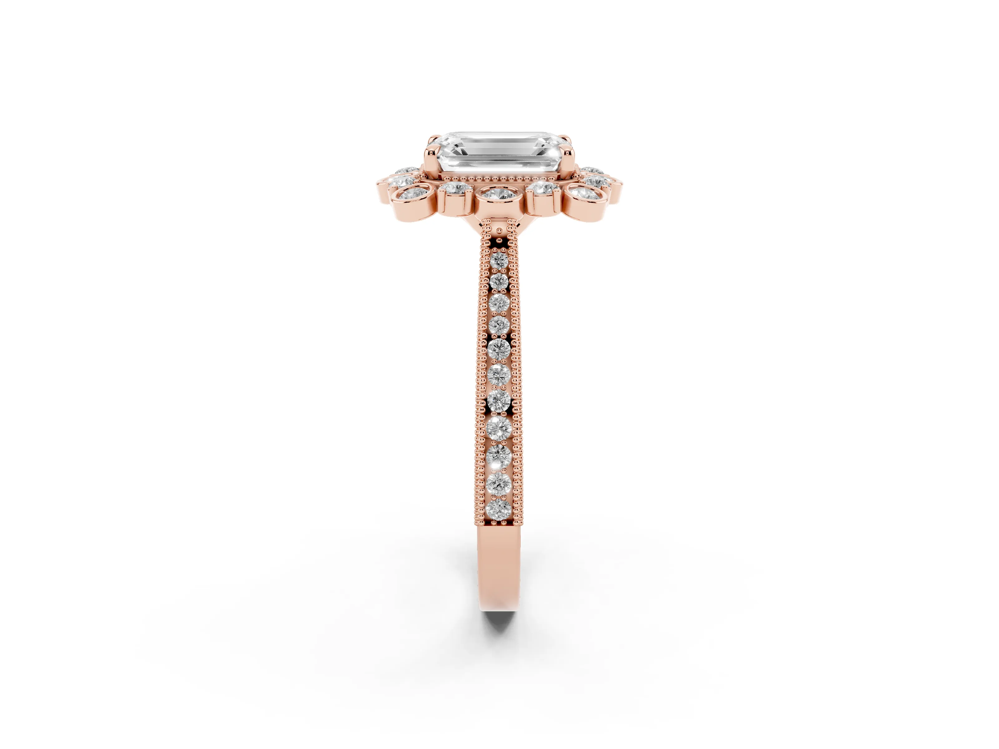 Emerald Cut Diamond Halo Milgrain Pavé Ring Set in Rose gold with Prong Setting