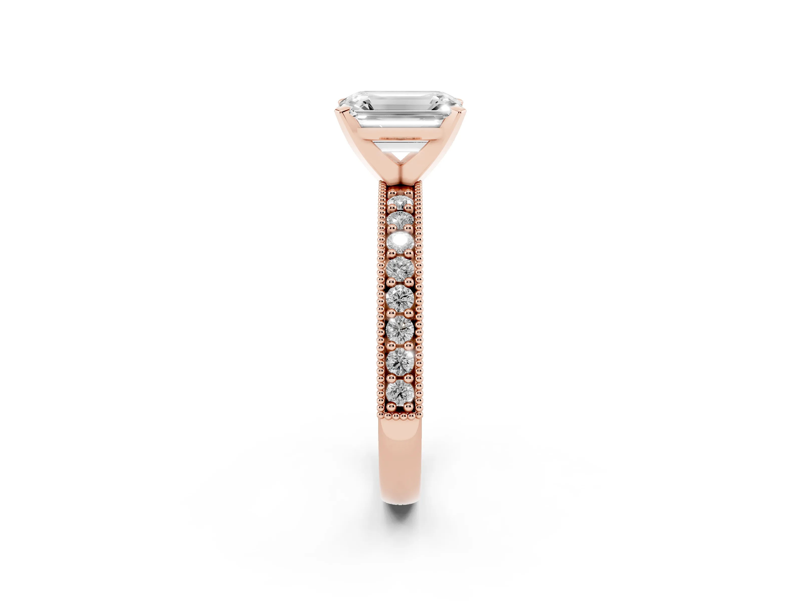 Emerald Cut Diamond Milgrain Pavé Engagement Ring Set in Rose gold with Prong Setting