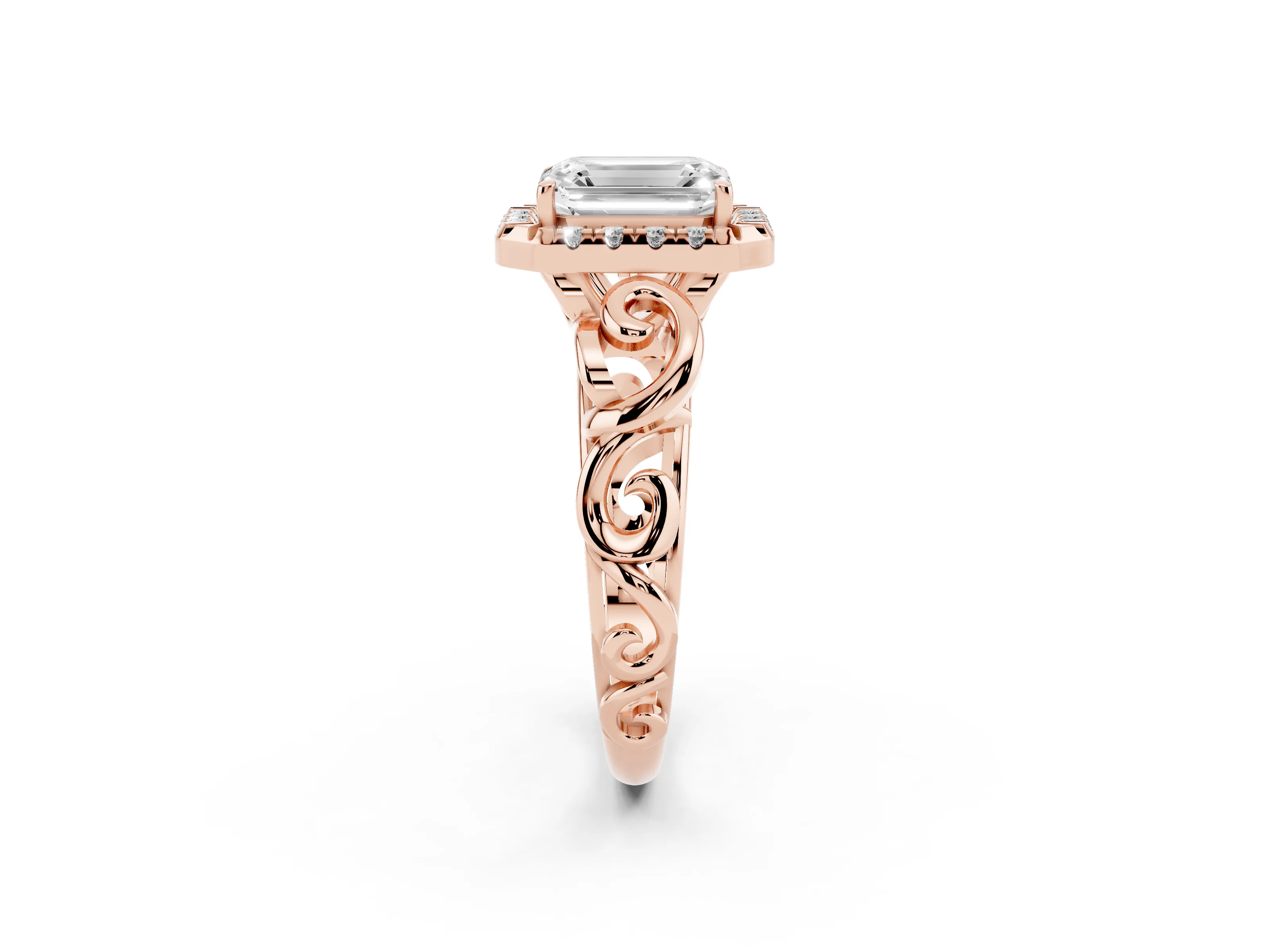 Emerald Cut Vintage Filigree Halo Engagement Ring Setting | Scroll Shoulders | Rose Gold