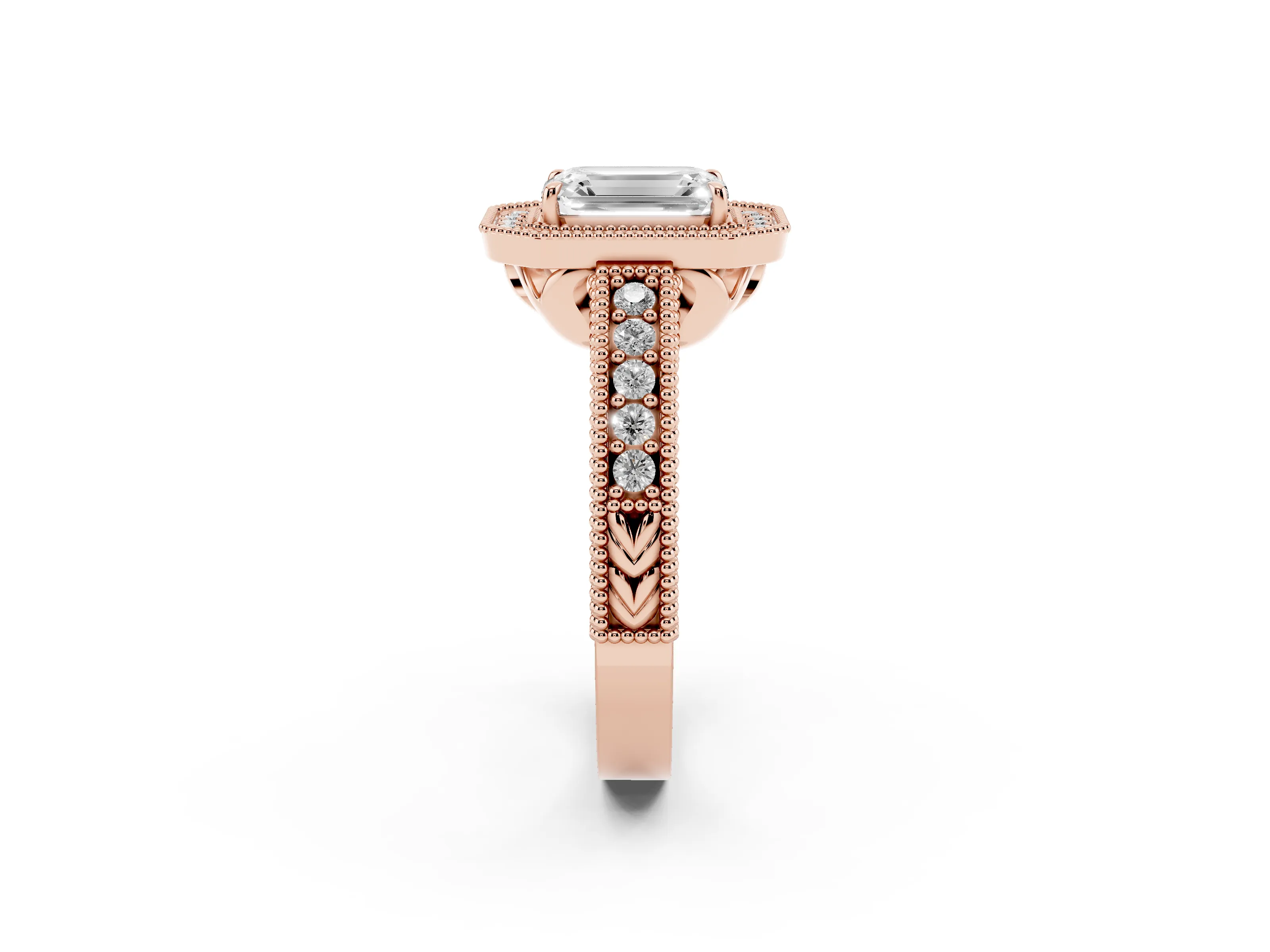 Emerald Cut Diamond Halo Ring Set in Rose gold with Round Accent Halo, Pavé Band and Prong Setting