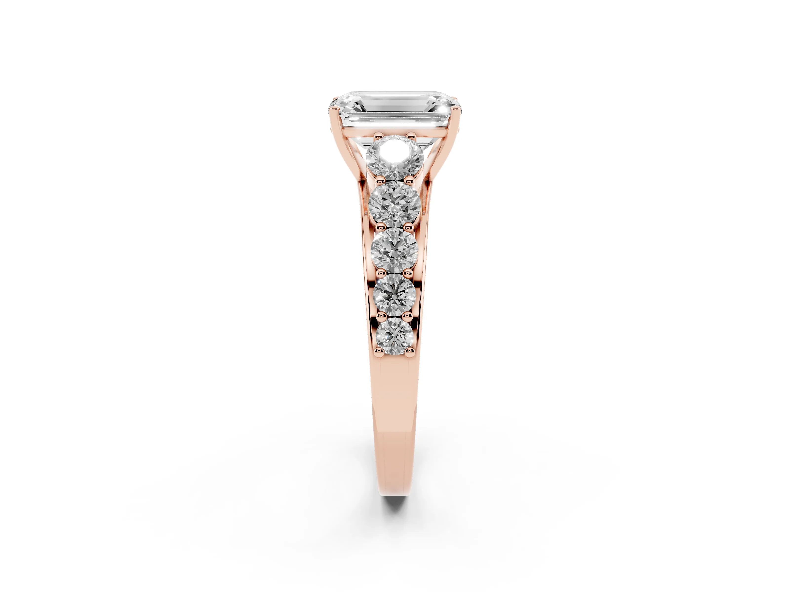 Emerald Cut Diamond Solitaire Ring Set in Rose gold with Pavé-Set Band and Prong Setting