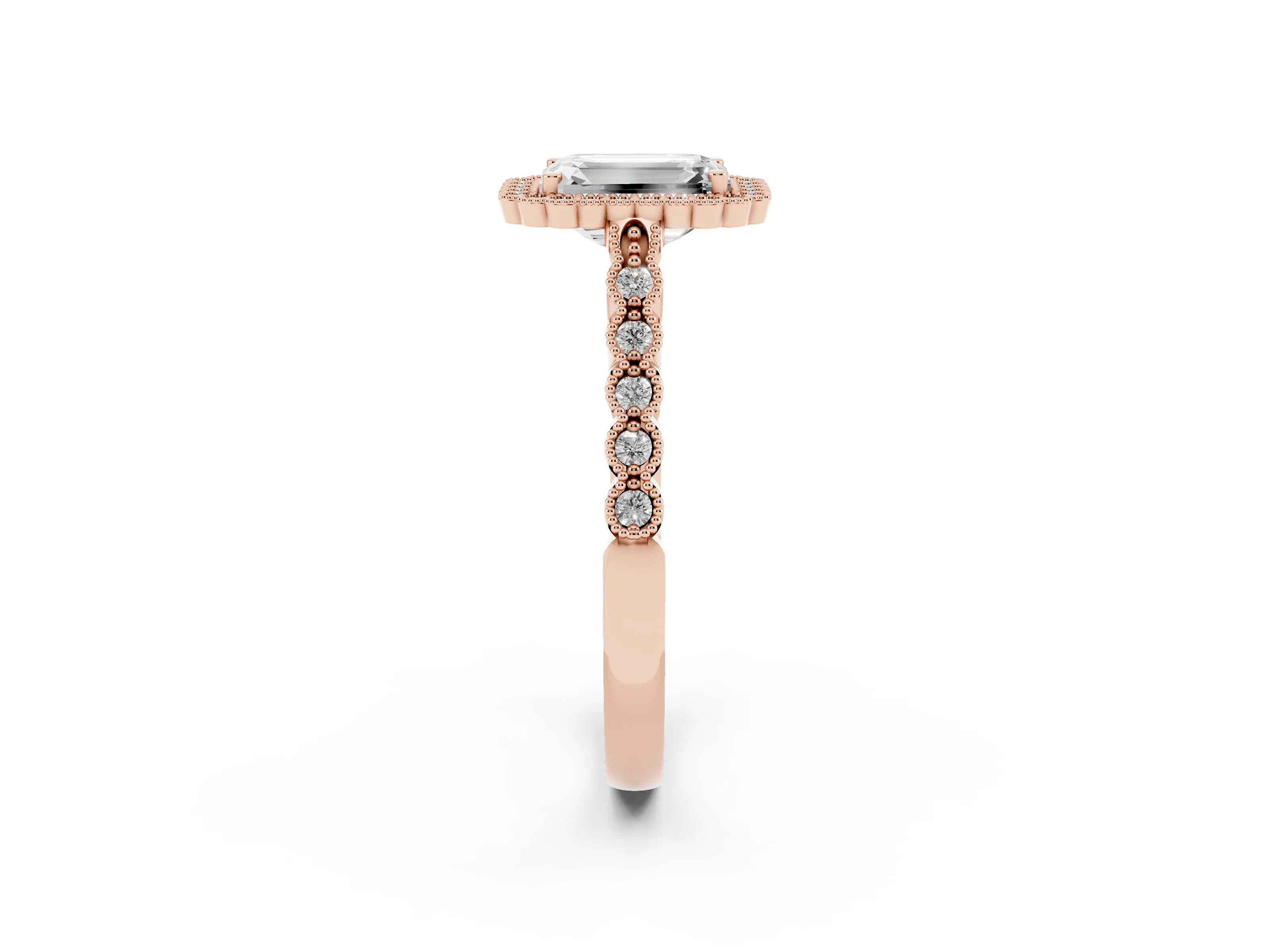 Emerald Cut Diamond Halo Ring Set in Rose gold with Pavé Milgrain Band