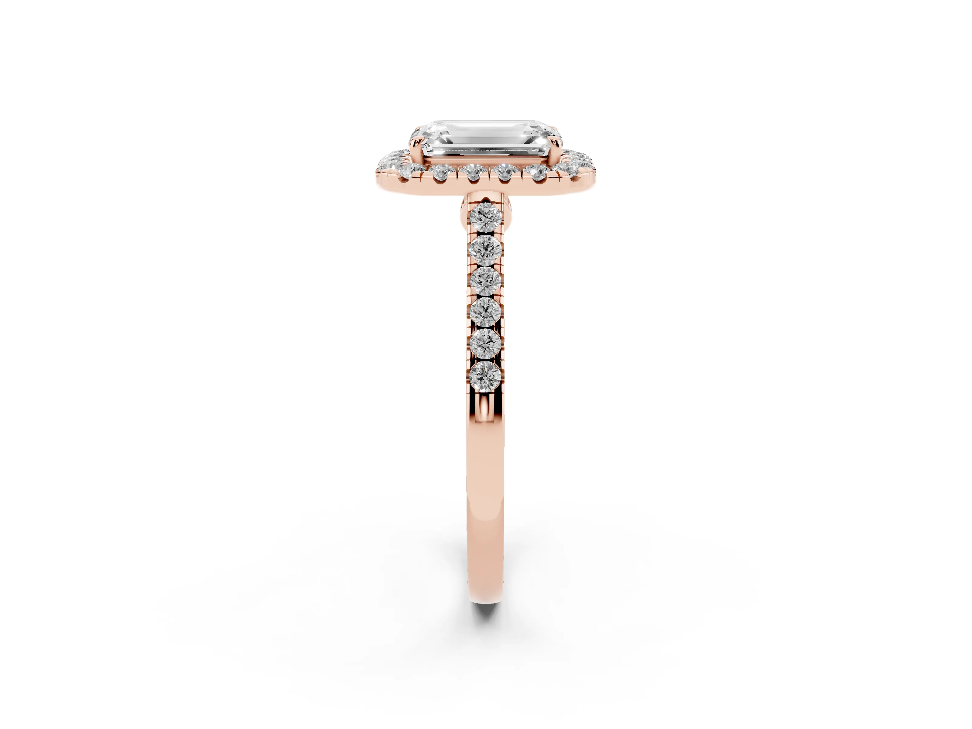 Emerald Cut Diamond Halo Pavé Engagement Ring Set in Rose gold with Prong Setting
