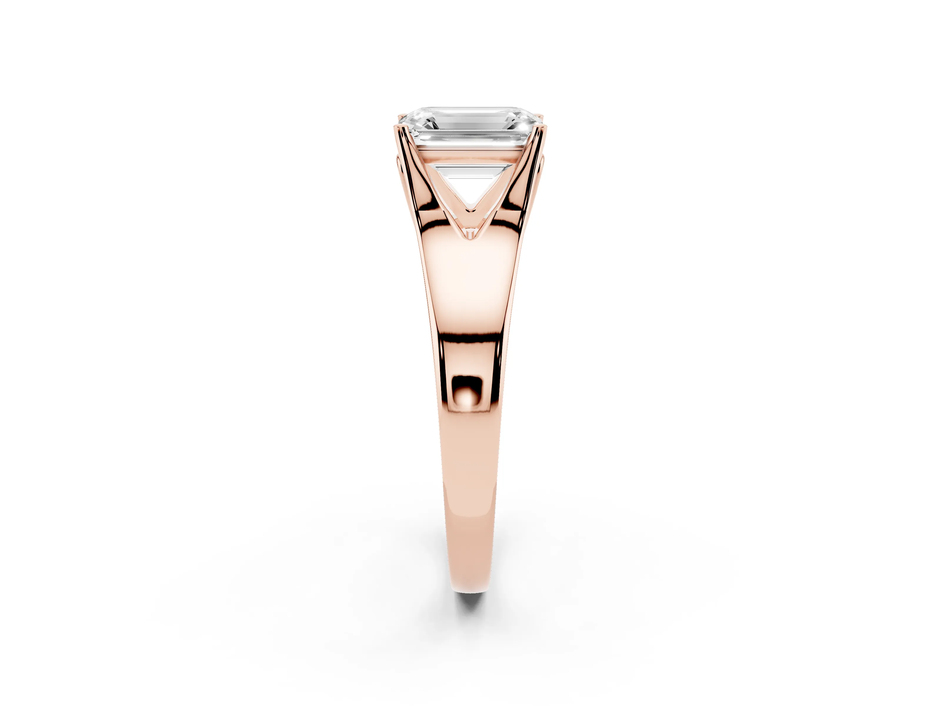 Emerald Cut Diamond Solitaire Ring Set in Rose gold with Arched Cathedral Band and Prong Setting