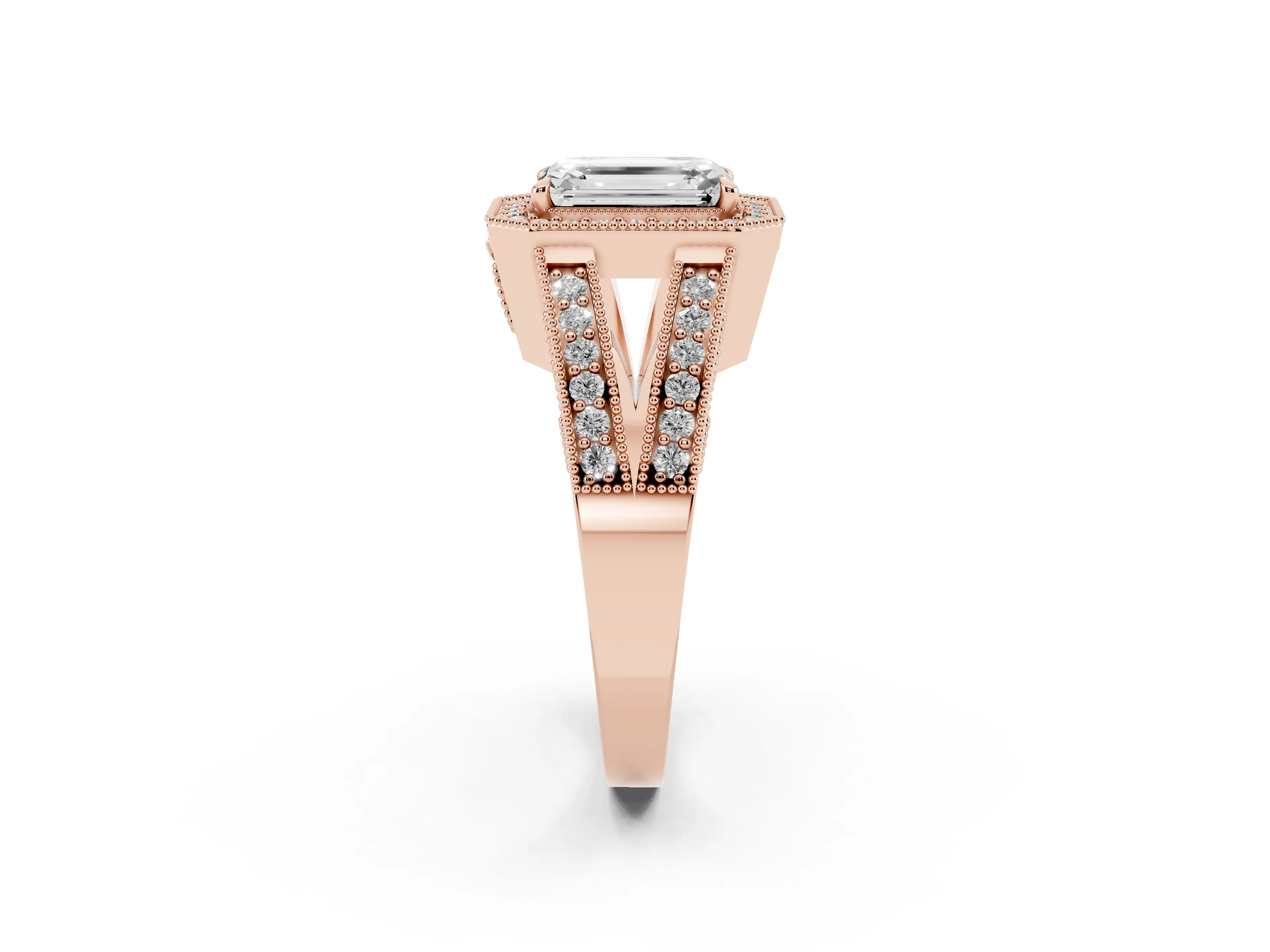 Emerald Cut Diamond Halo Ring Set in Rose gold with Stone-Set Split Shank and Milgrain Edges
