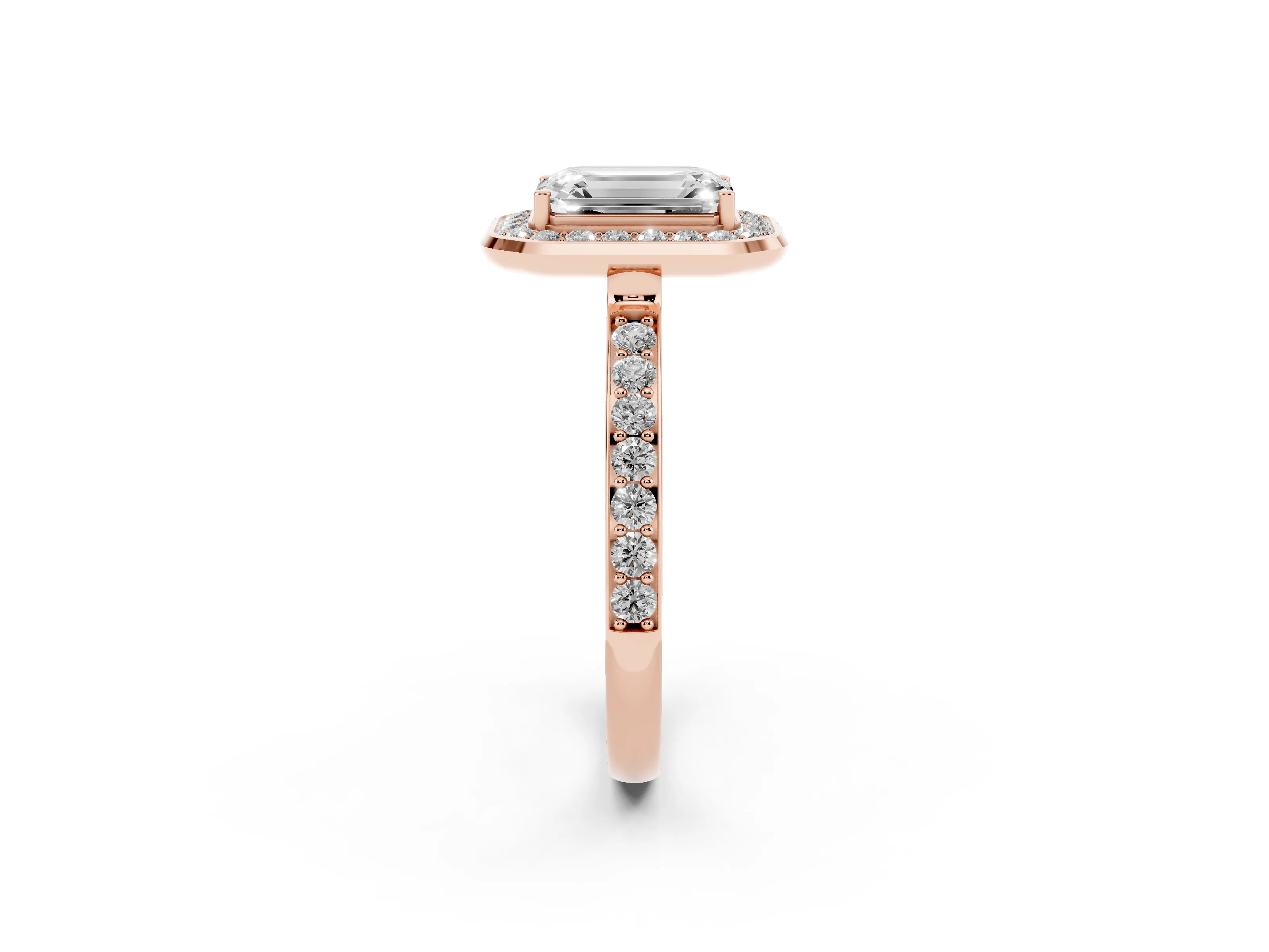 Emerald Cut Diamond Halo Ring Set in Rose gold with Bezel Frame and Pavé Band