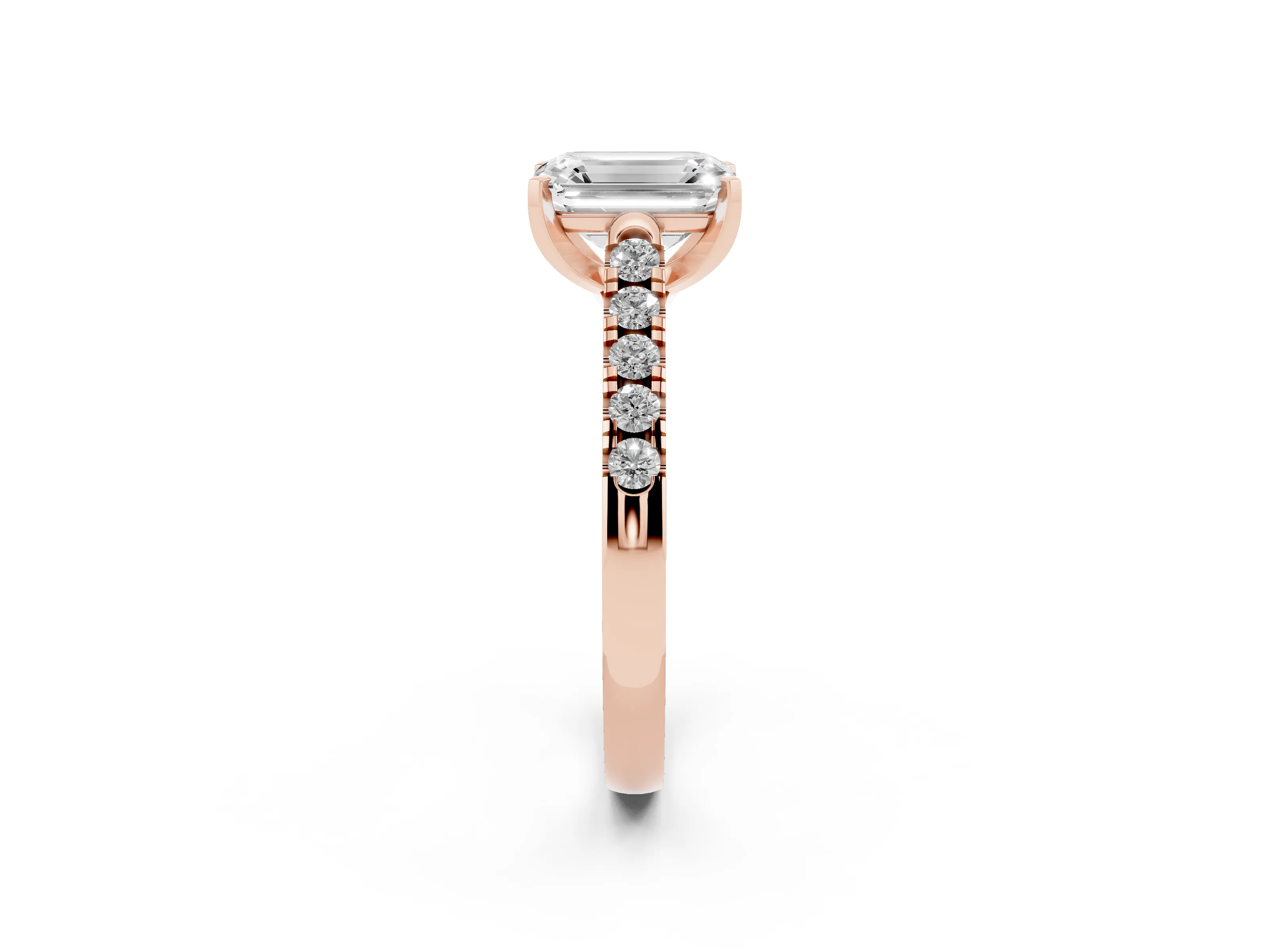 Emerald Cut Diamond Pavé Band Solitaire Ring Set in Rose gold with Partway Accent Stones and Prong Setting