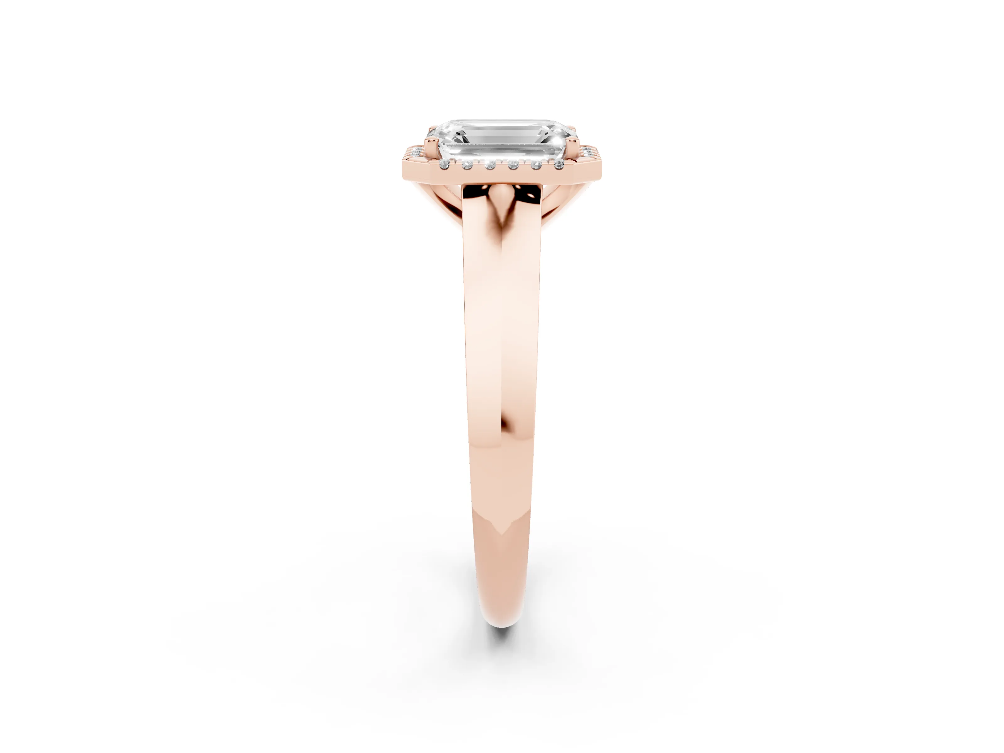 Emerald Cut Diamond Halo Ring Set in Rose gold with Cathedral Band and Prong Setting