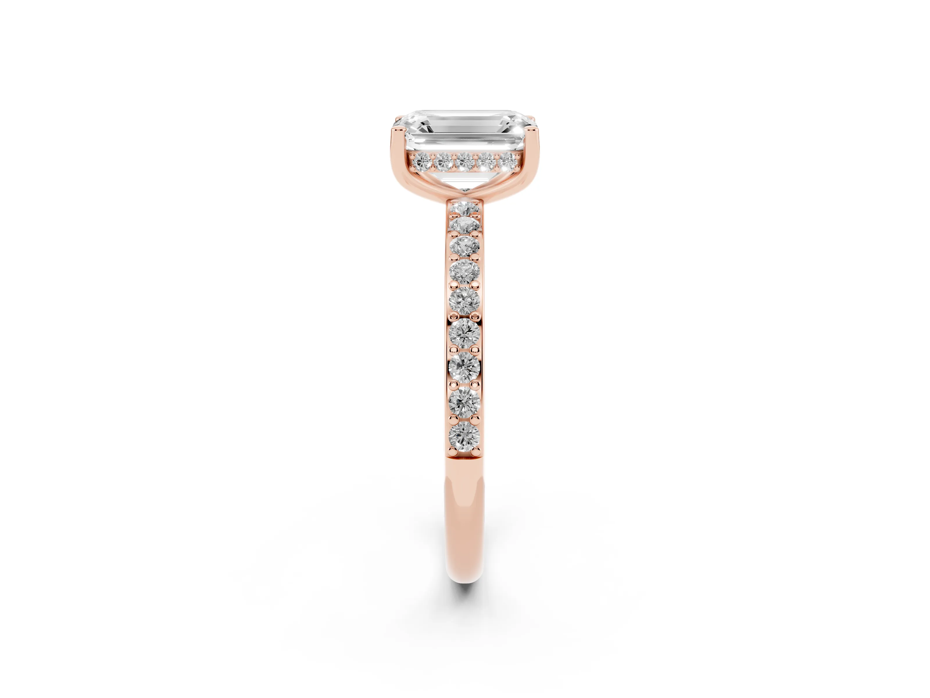Emerald Cut Diamond Pavé Band Ring Set in Rose gold with Prong-Set Center Stone