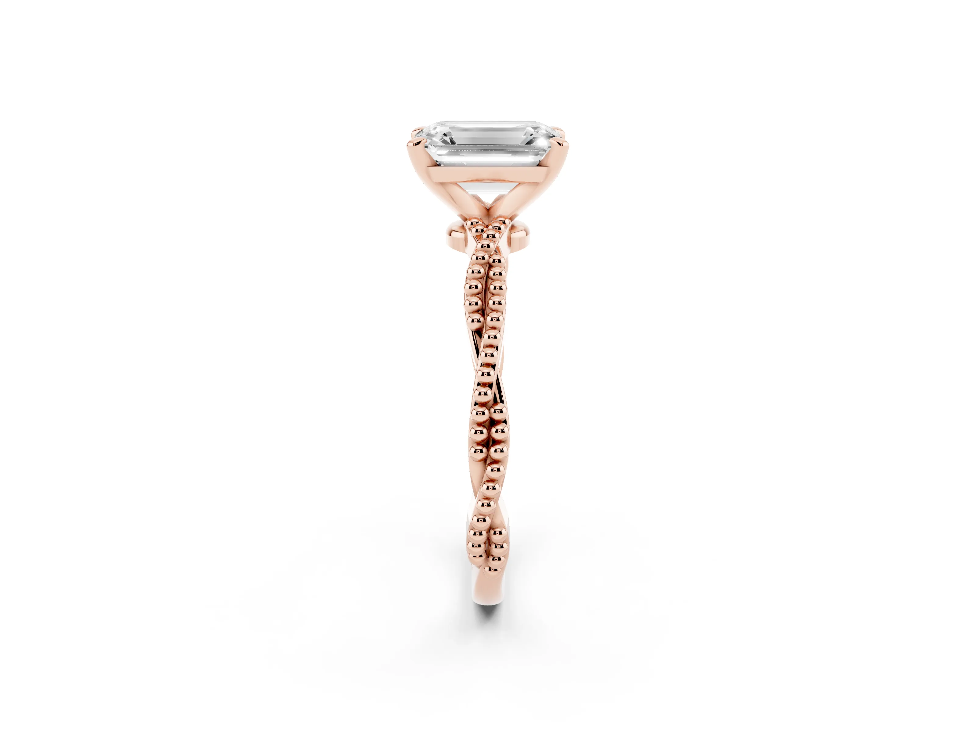 Emerald Cut Diamond Solitaire Ring Set in Rose gold with Twisted Band and Bead Prong Setting