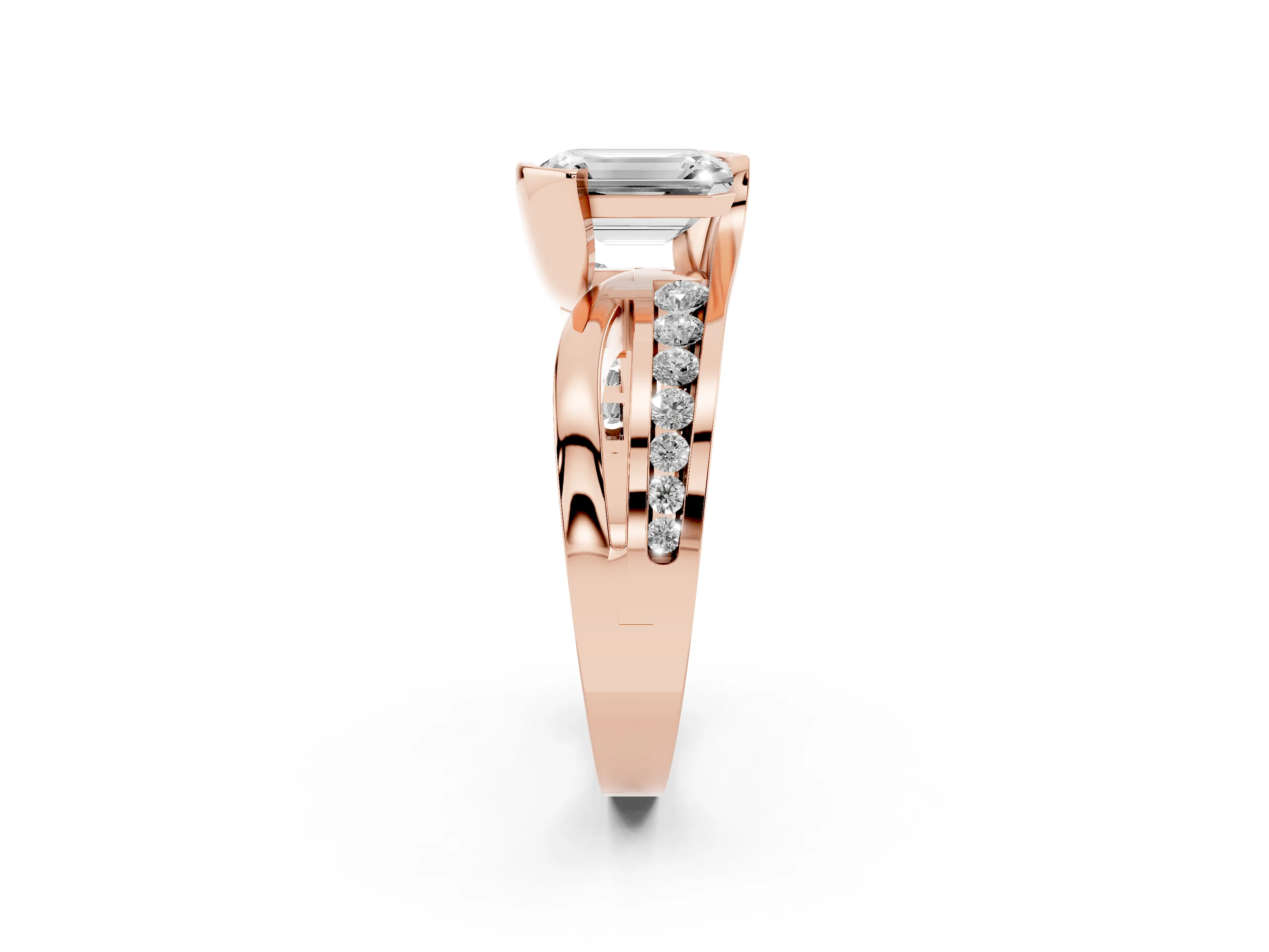 Emerald Cut Diamond Solitaire Ring Set in Rose gold with Channel Set Split Shank and Tension Prongs