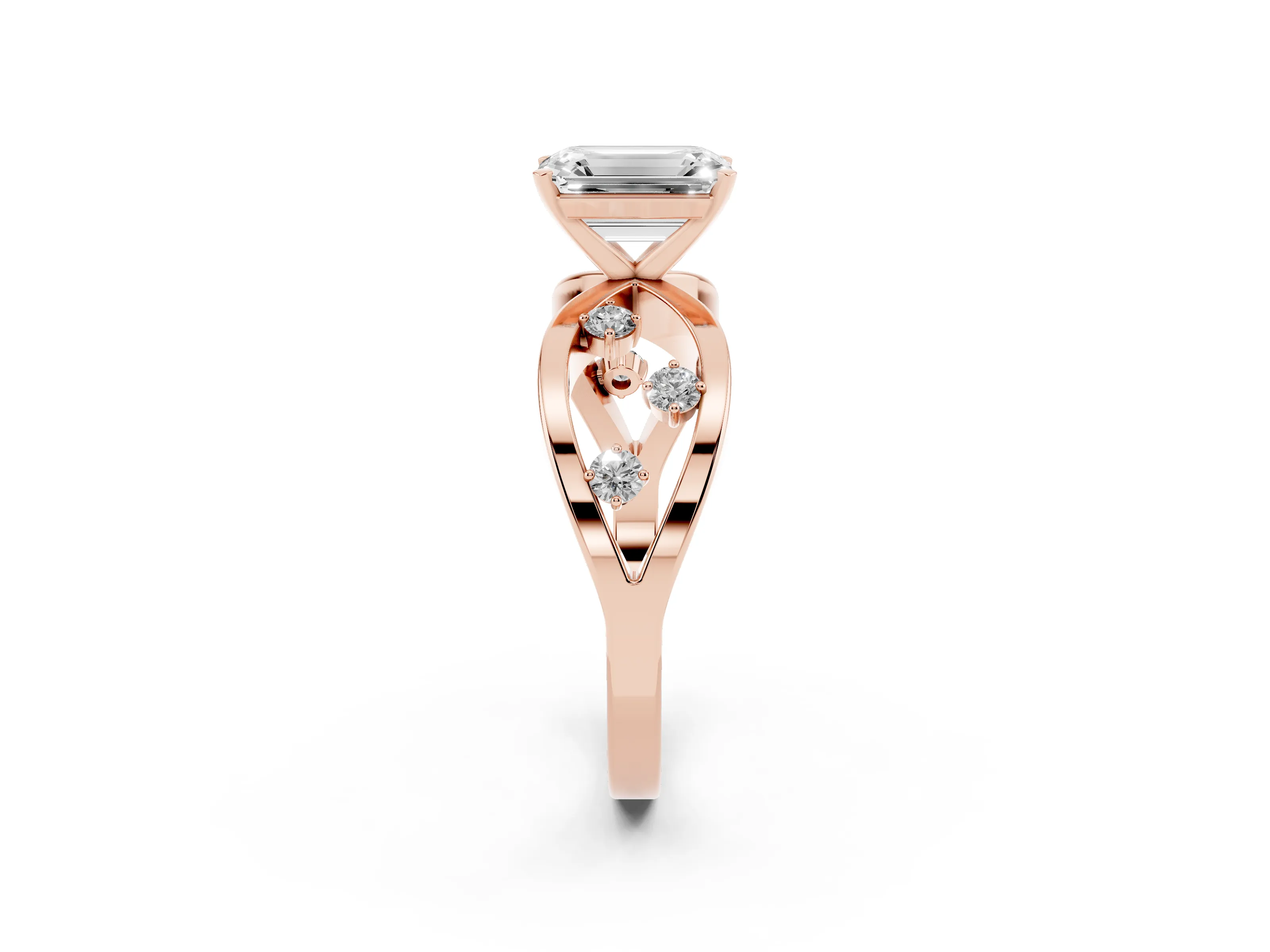Emerald Cut Diamond Solitaire Ring Set in Rose gold with Side Stones on Criss-Cross Band and Prong Setting