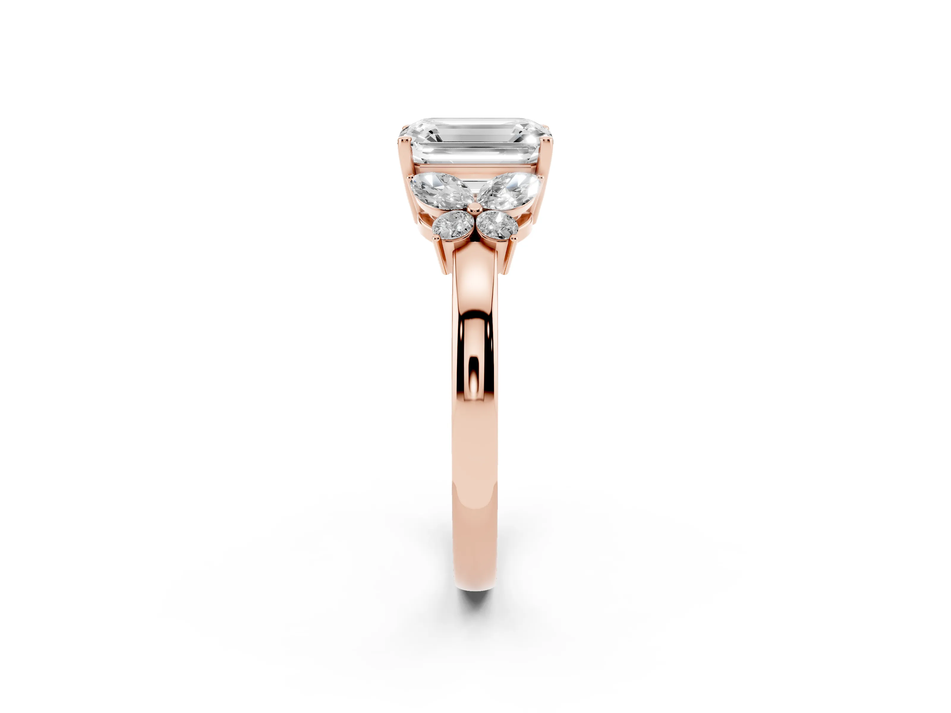 Emerald Cut Diamond Solitaire Floral Ring Set in Rose gold with Marquise Petals and Prong Setting